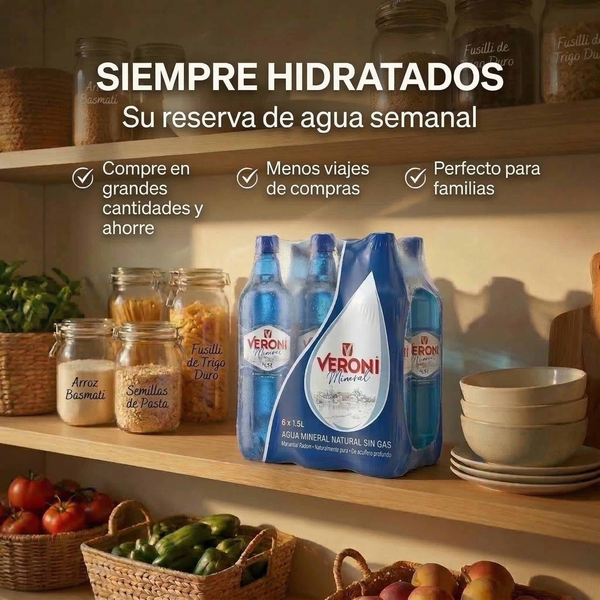 Agua mineral natural Veroni, 6 botellas de PET de 1,5 litros - Agua mineral procedente de un manantial a 201 metros de profundidad en Radom, Polonia.