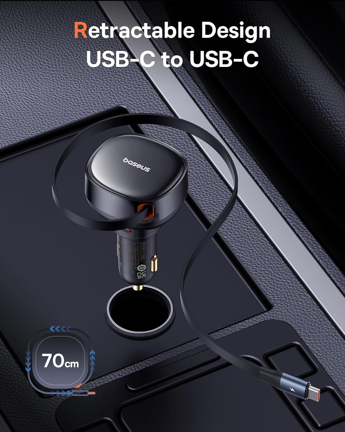 Close-up of the Baseus car charger showing 30W output ports