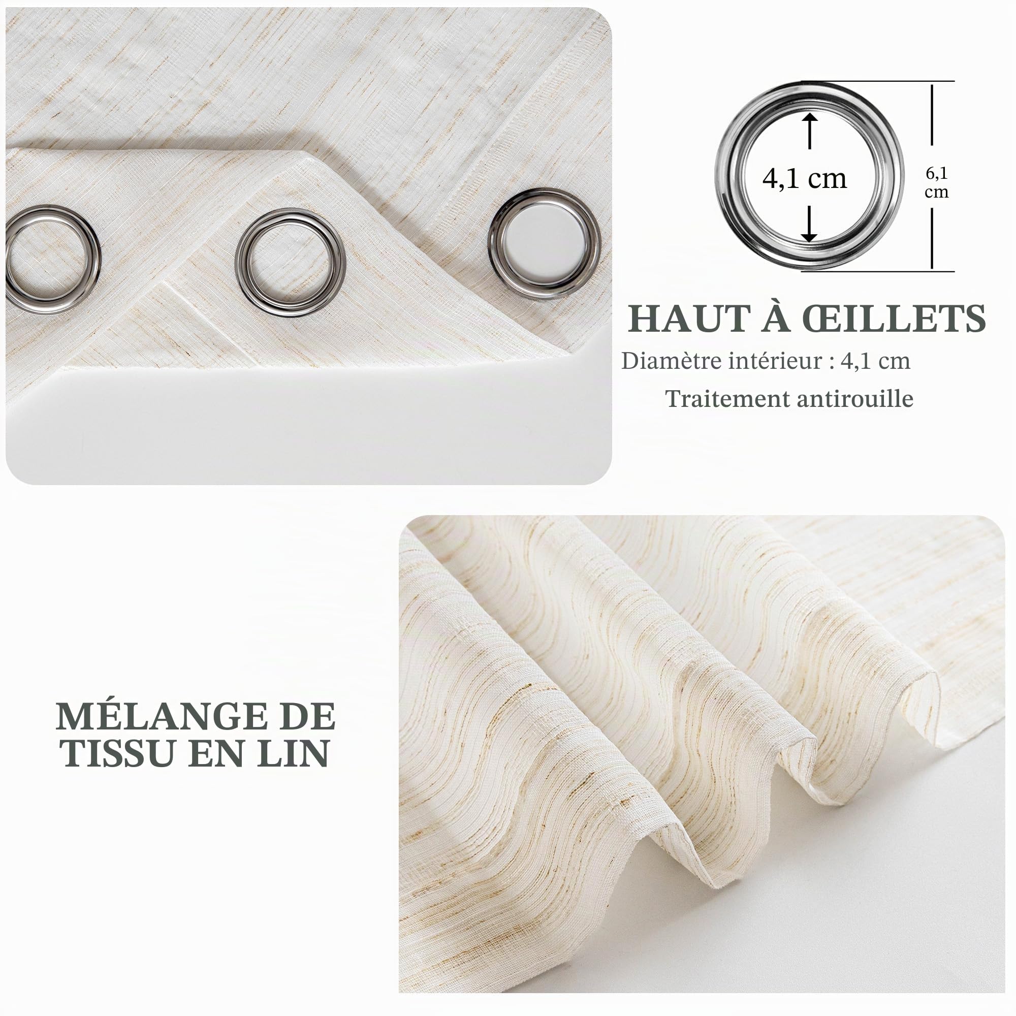 Rideau Voilage Transparent Lin Beige-de Salon Moderne Chambre Cuisine Balcon Baie Vitrée Léger Romantique à Oeillet Eyelet Tamisant Sheer Curtains Décorations d'intérieur de Fenêtre 140x280cm 2PC