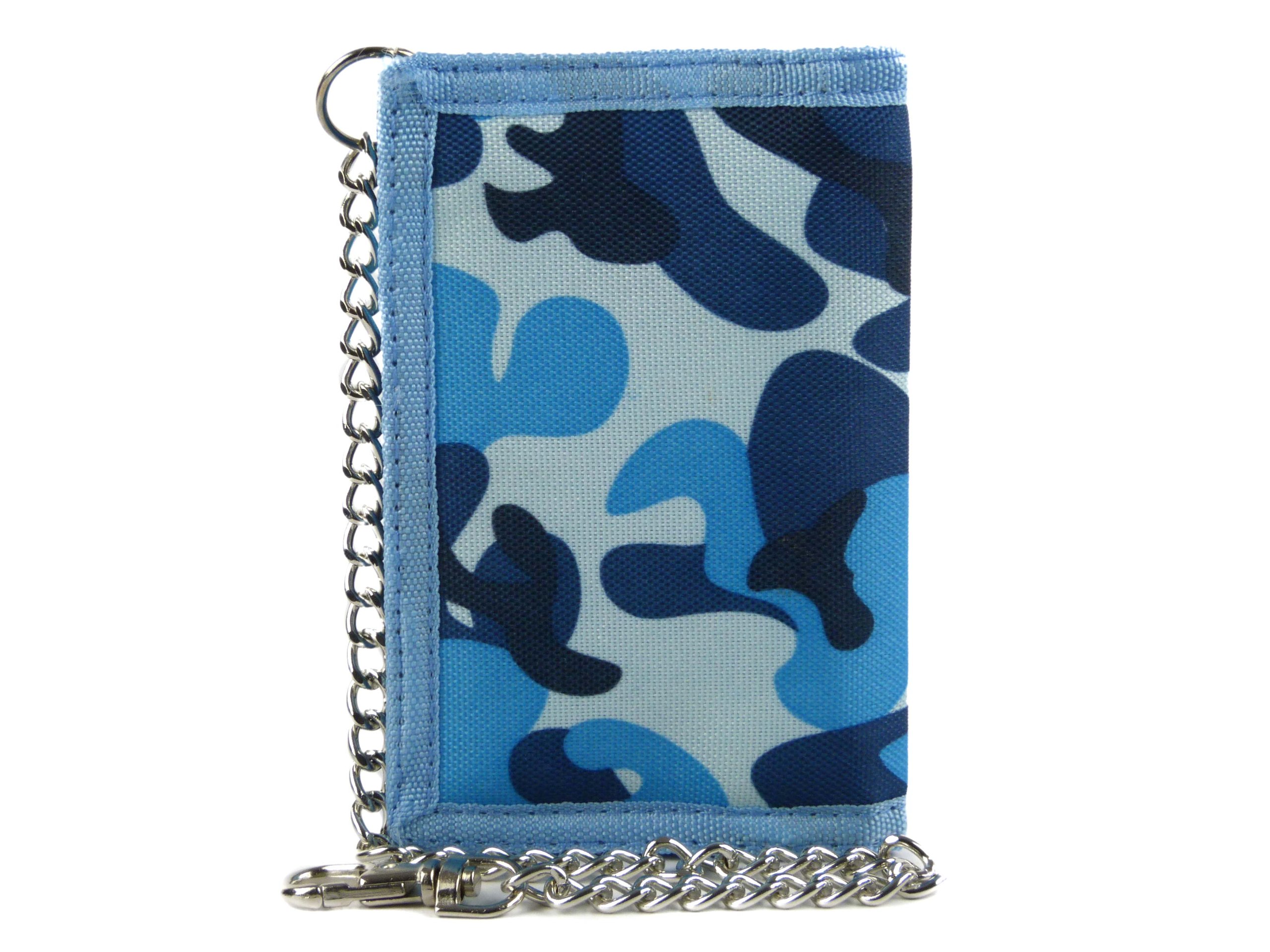 Men's Blue/Navy Boys Camouflage Canvas Tri-Fold Wallet With Chain & Clip Camo Slim