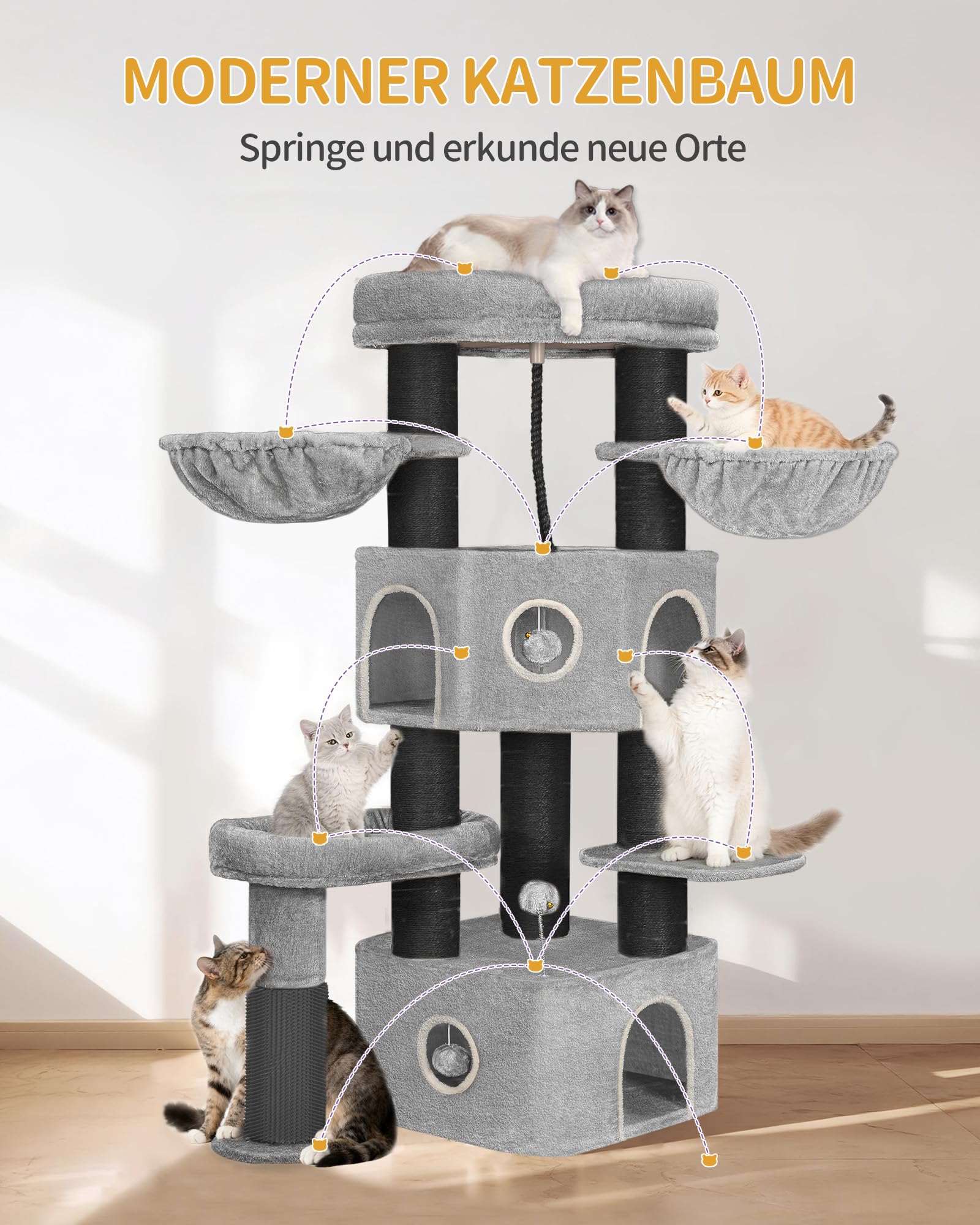 Hzuaneri Kratzbaum, 163 cm Katzenbaum, 11 cm d Dicke Sisalstämme, für Große Katze, 2 Höhlen, Geräumige Plattform, Plüschball, Katzenbürste, Mehrstöckiger Katzenkratzbaum, Hellgrau Schwarz MS16318BG