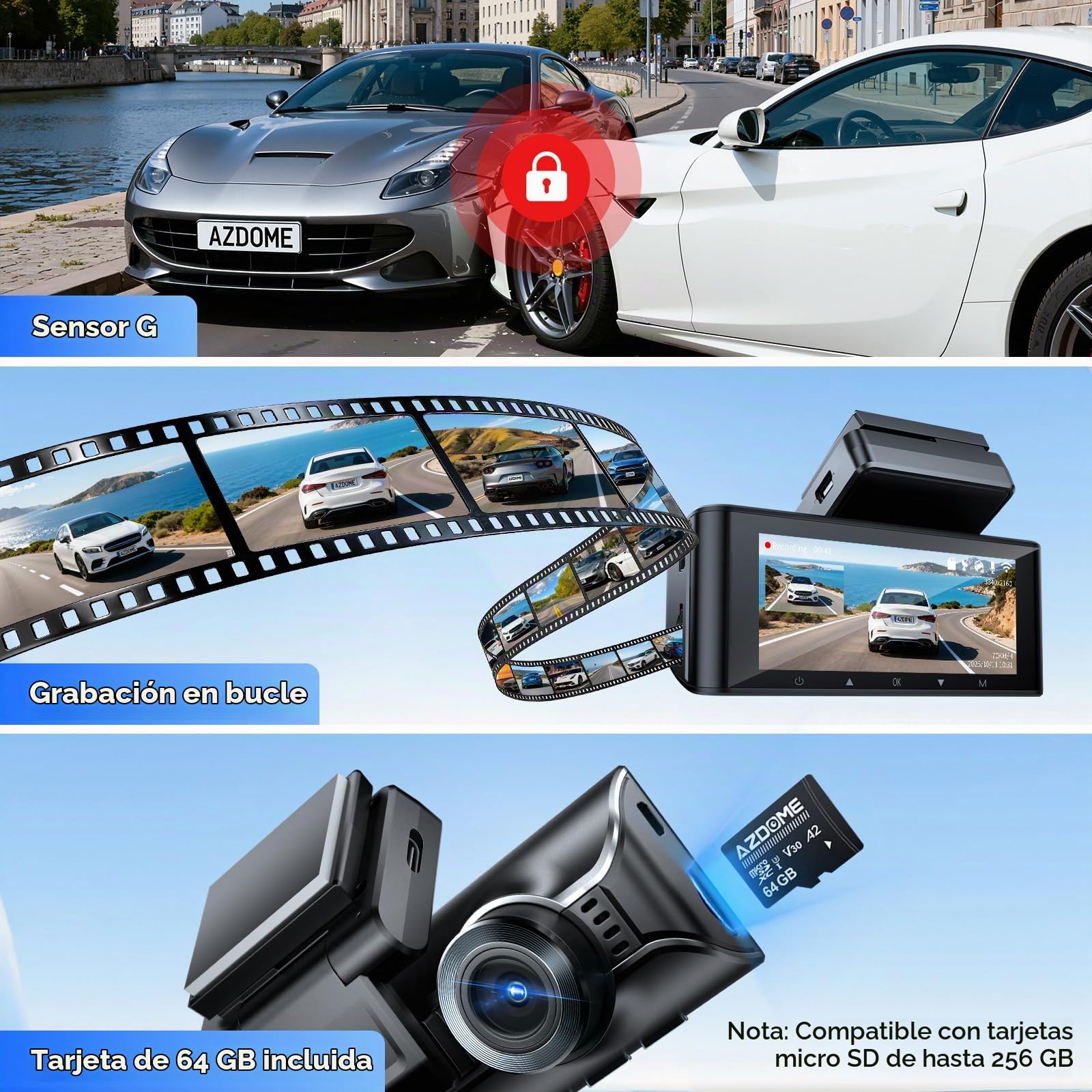 AZDOME Dashcam 4K+2.5K Delantera y Trasera con,Pantalla IPS de 3,18 Pulgadas dash cam coche, Tarjeta de 64 GB, WiFi de 5,8 GHz, GPS, WDR Gran Angular de 170°, Admite hasta 256 GB (M550 Pro)