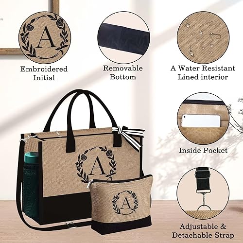 Miniatura 3 de Regalos para mujeres  Bolsa de yute con inicial y bolsa de maquillaje con bolsillo con cremallera, correa ajustable, regalos de cumpleaños para