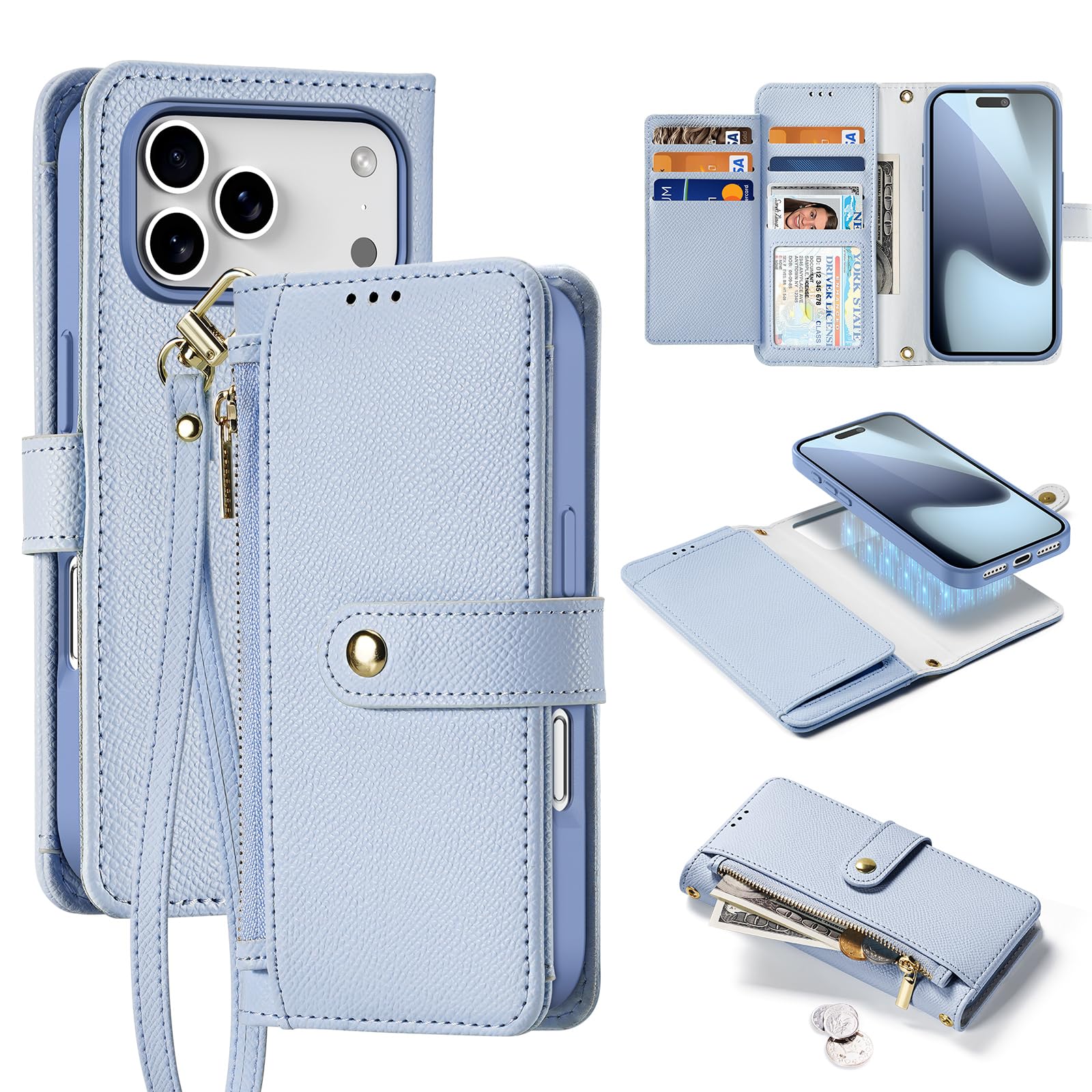 Etui portfelowe na iPhone'a 17, kompatybilne z Magsafe 2 w 1, magnetyczne, zdejmowane etui na karty blokujące RFID, skóra PU, zamek błyskawiczny, etui ochronne z paskiem na nadgarstek, niebieskie