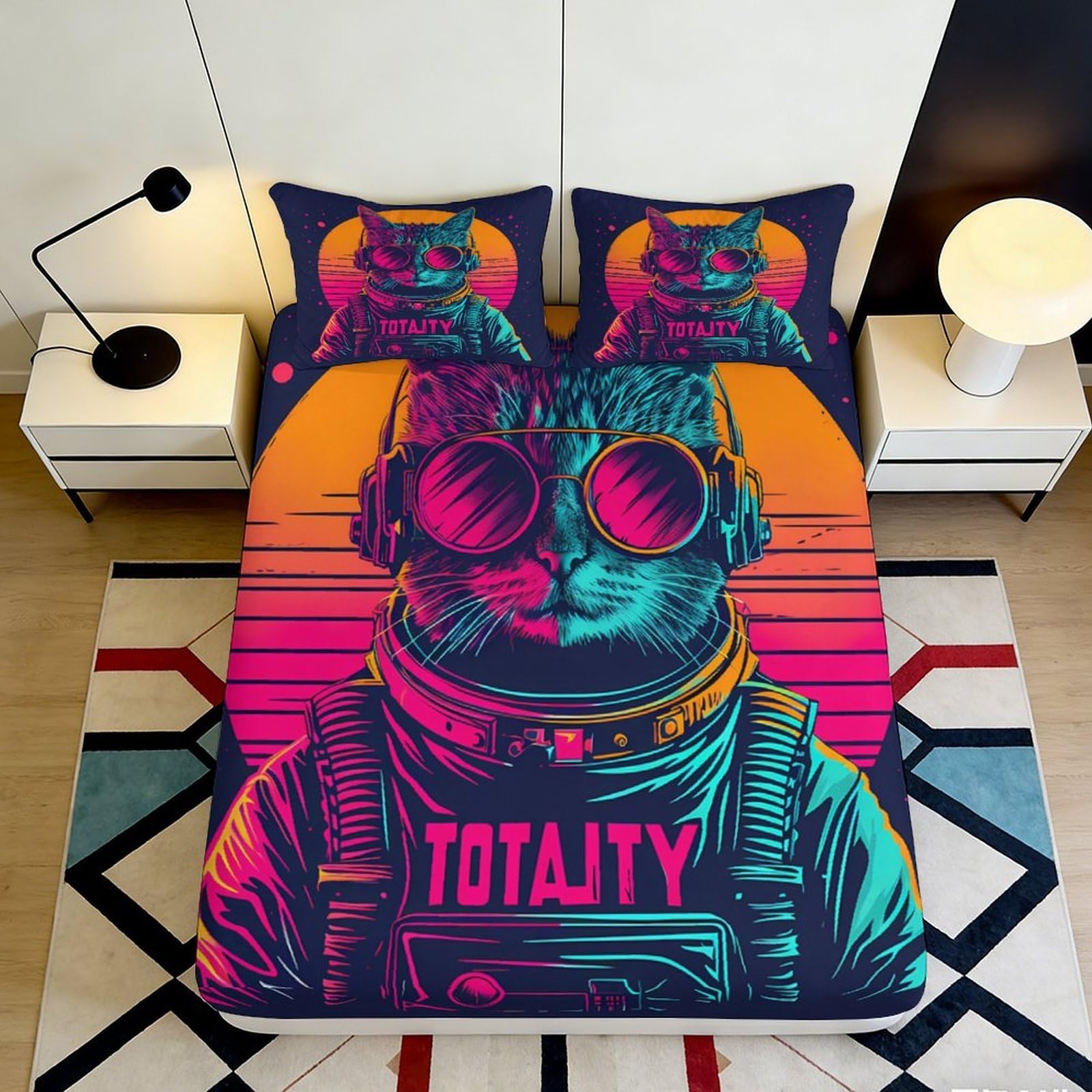 3D Printed Astronaut Cat Fitted Sheet Microfiber Colorful Space Bed Cover for Bedroom Dorm Mattress Protection Decor 90x200x25cm