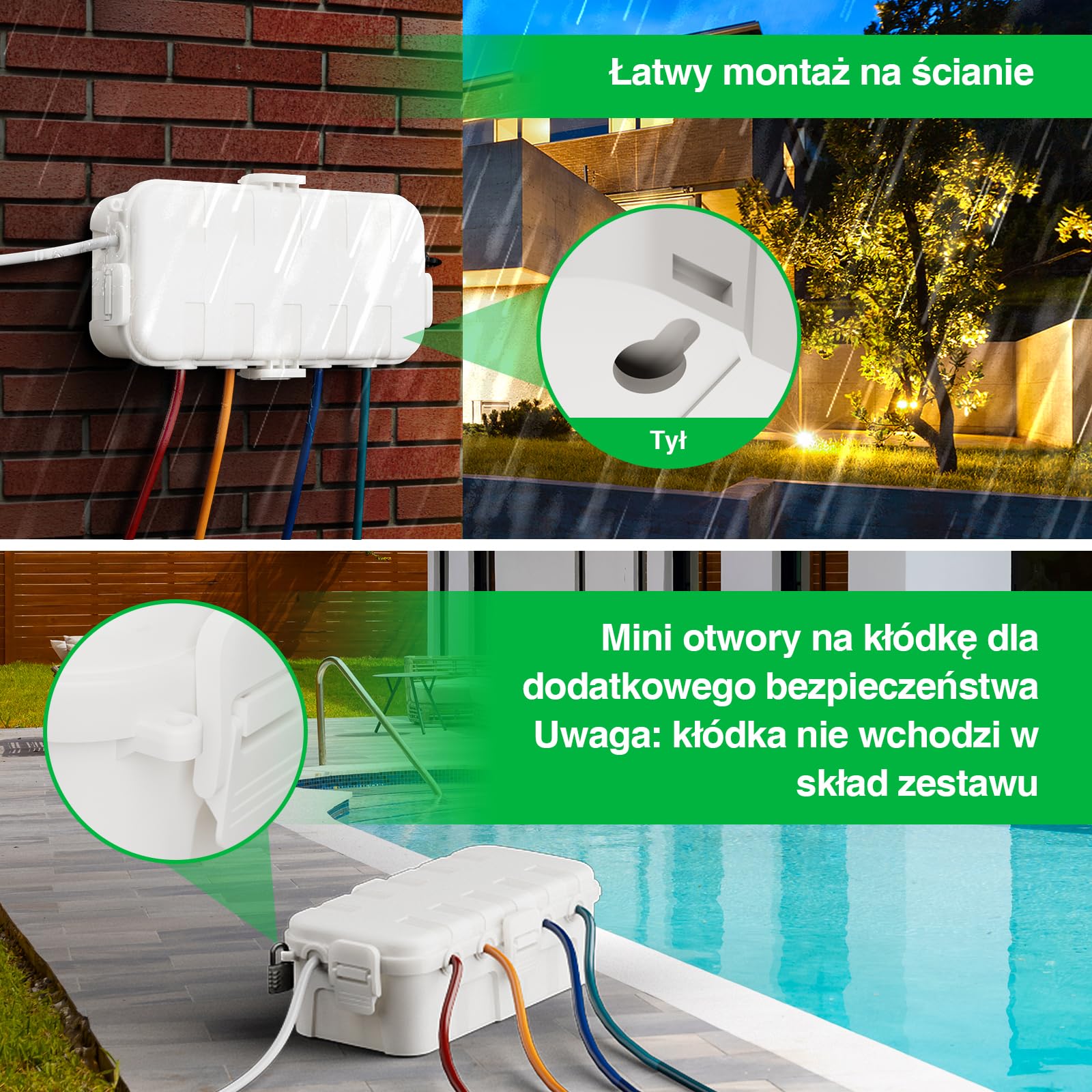 Wodoodporne pudełko Restmo do użytku na zewnątrz (29 x 13,2 x 10 cm), odporna na warunki atmosferyczne skrzynka elektryczna IP54 na przedłużacz z wieloma wtyczkami, ochrona gniazdka, wtyczki, lampki