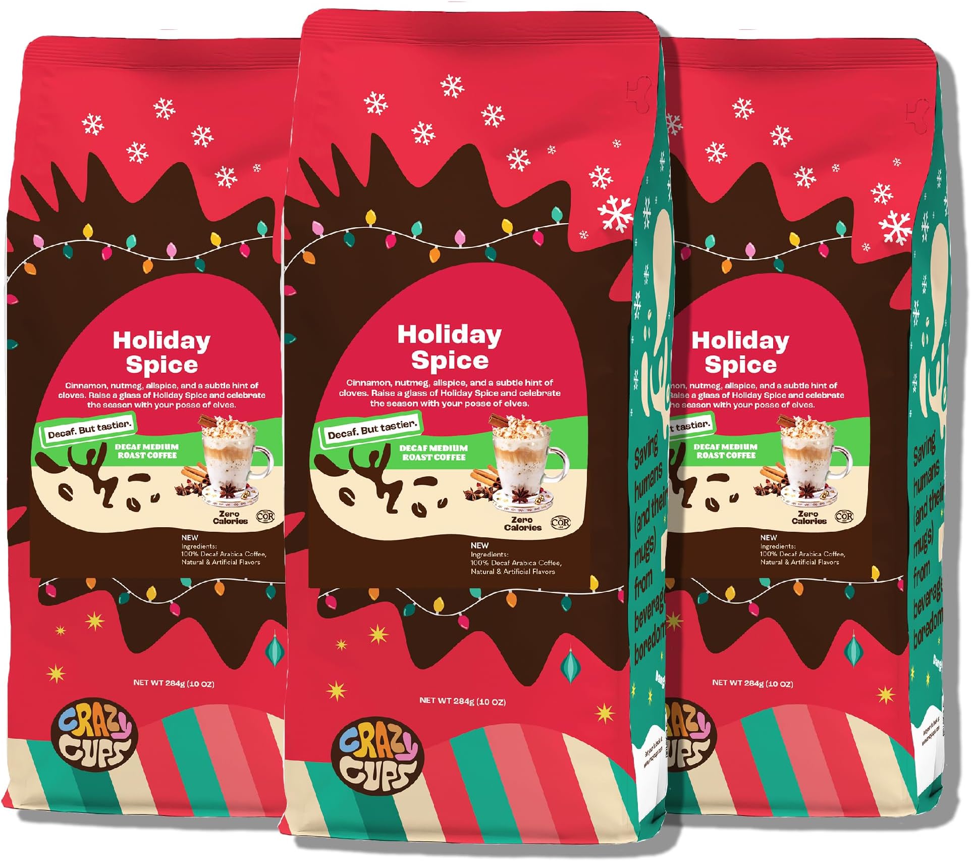 Crazy Cups Flavored Ground Decaf Holiday Coffee, Decaffeinated Holiday Spice Coffee in 10 oz Bag, For Brewing Flavored Hot or Iced Coffee, (Pack of 3)