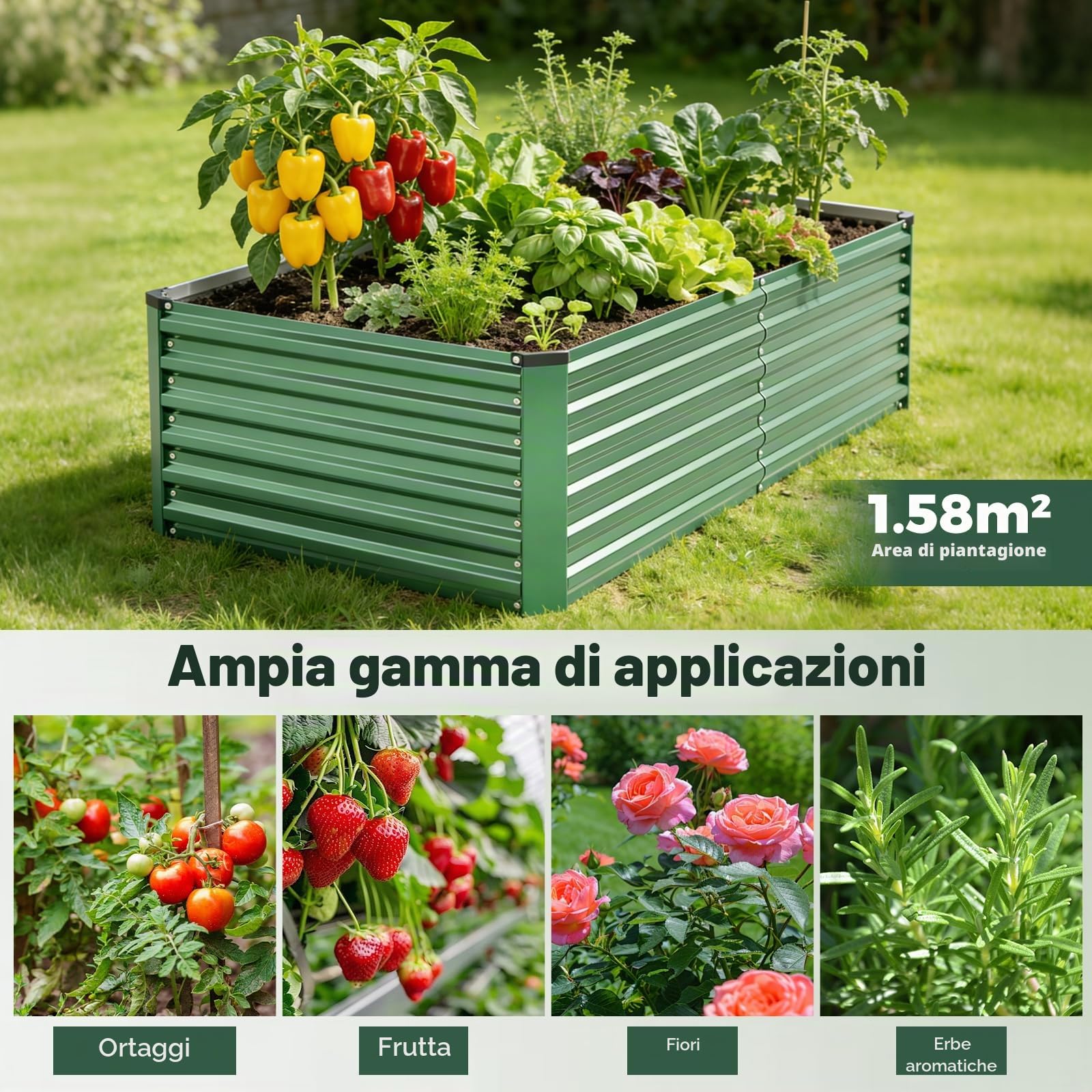 Fioriera rialzata in metallo, 177 X 89 X 57.5cm, in acciaio zincato, per giardino e balcone, per verdure, erbe, fiori, resistente alle intemperie, antiruggine, facile da montare
