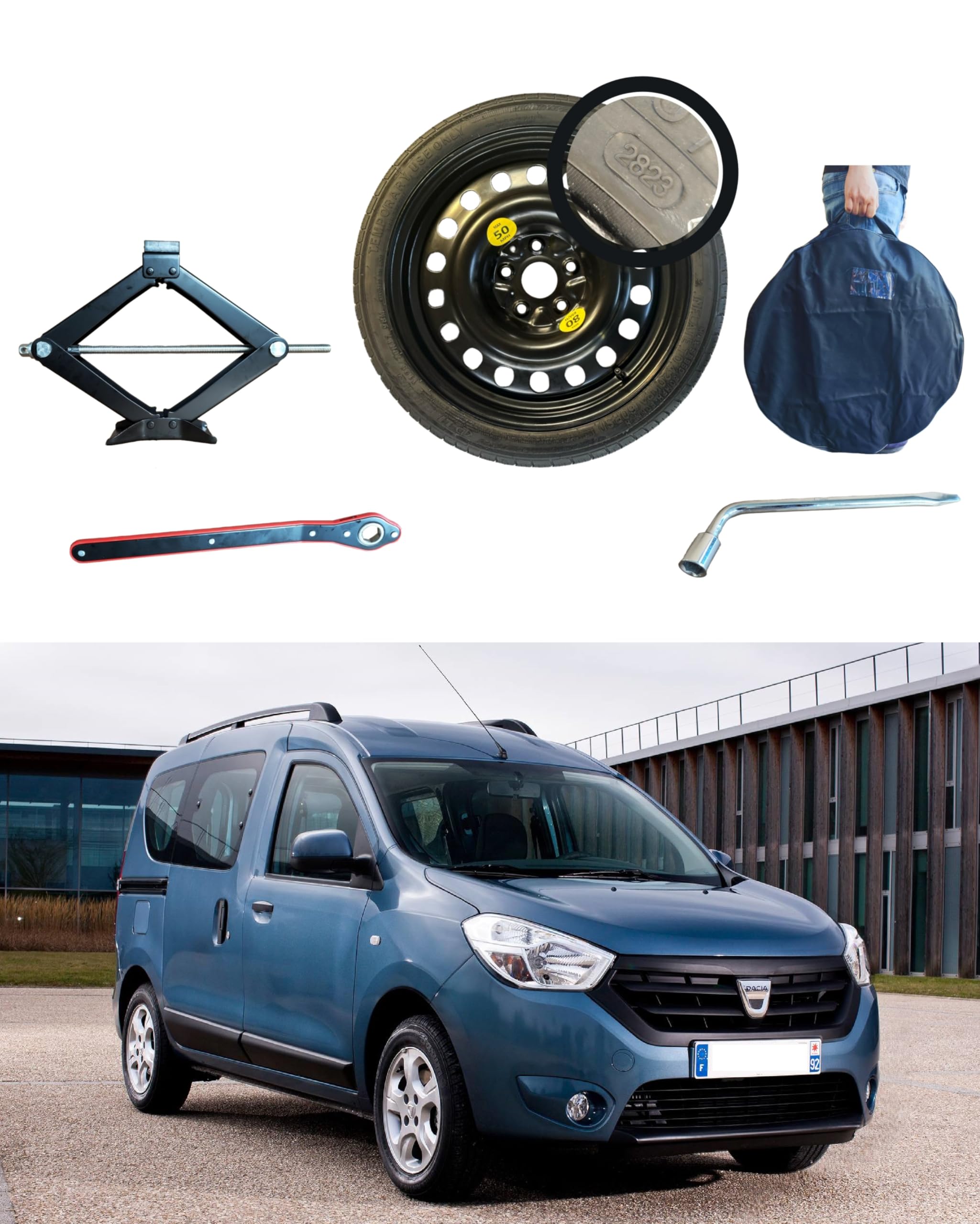 Kit Ruotino di Scorta 15" compatibile con Dacia Dokker - Dokker Stepway, Sandero con Cric, Chiave e Sacca