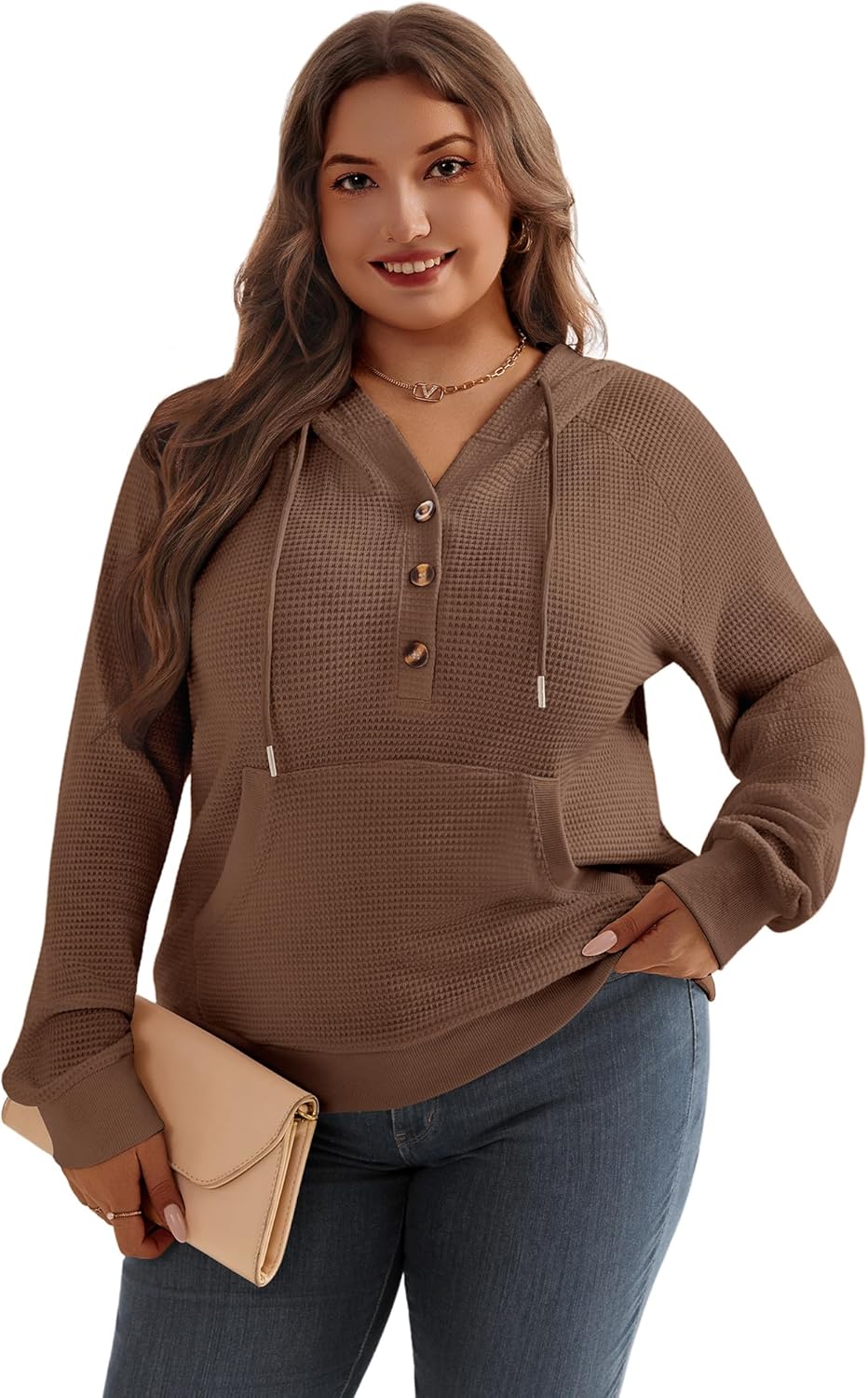 TAKEYAL Plus Size Hoodies for Women Waffle Knit Long Sleeve Drawstring Button V Neck Casual Pullover Sweatshirt - Image 2