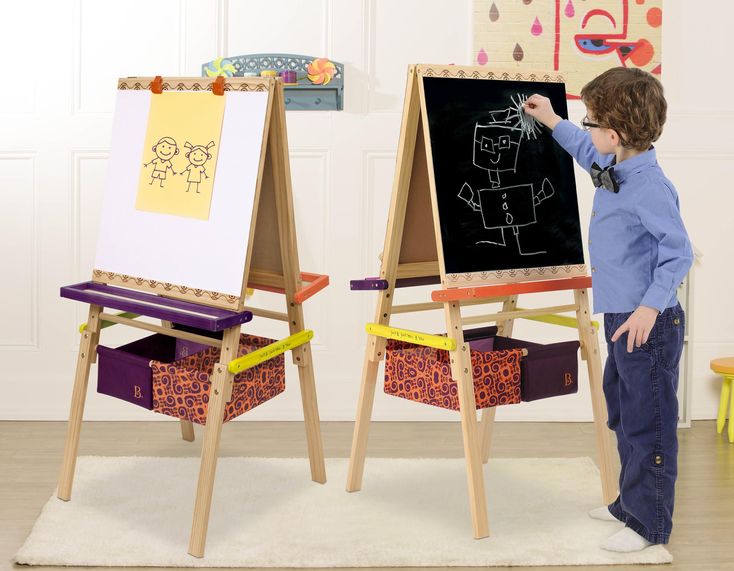 B. toys Tafel Kinder, Maltafel mit Kreidetafel, Whiteboard, Papierhalterungen, Ablagen und 2 Behälter für Zubehör – Staffelei Holz Spielzeug ab 3 Jahre