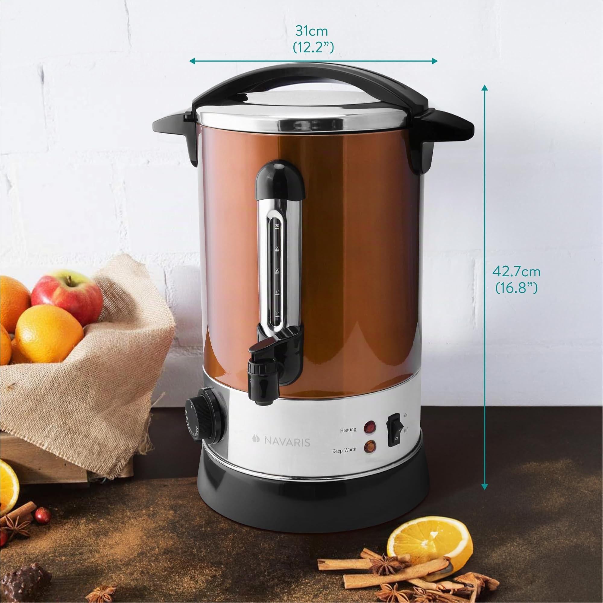 Navaris Glühweinkocher Heißwasserspender aus Edelstahl - 6,8l - mit Thermostat Füllstandanzeige Zapfhahn - Glühwein Heißgetränkeautomat Kupfer