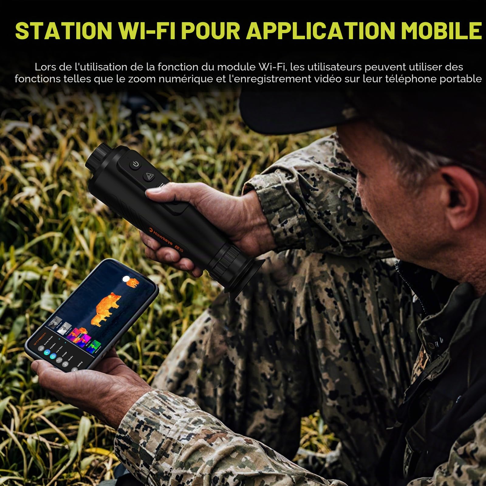 Monoculaire Thermique Portable pour Chasse, 384x288 Ai15 Vision Nocturne, Grand Écran AMOLED 1,43", Vision Thermique Nocturne avec Wi-FI Hotspot/STA/Micro, Autonomie 12h+