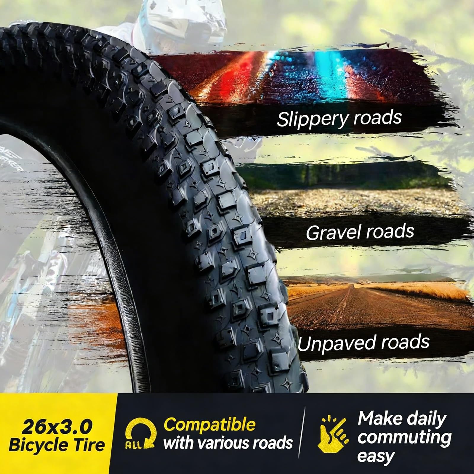 2PCS 26x3.0 Opona Przeciwprzepuklinowa do E-Roweru, Roweru Górskiego, Śniegu i Piasku Wzmocniona Ściana Boczna, Wzór All-Terrain, Kompatybilna z Tubeless(TIRE AND TUBE)