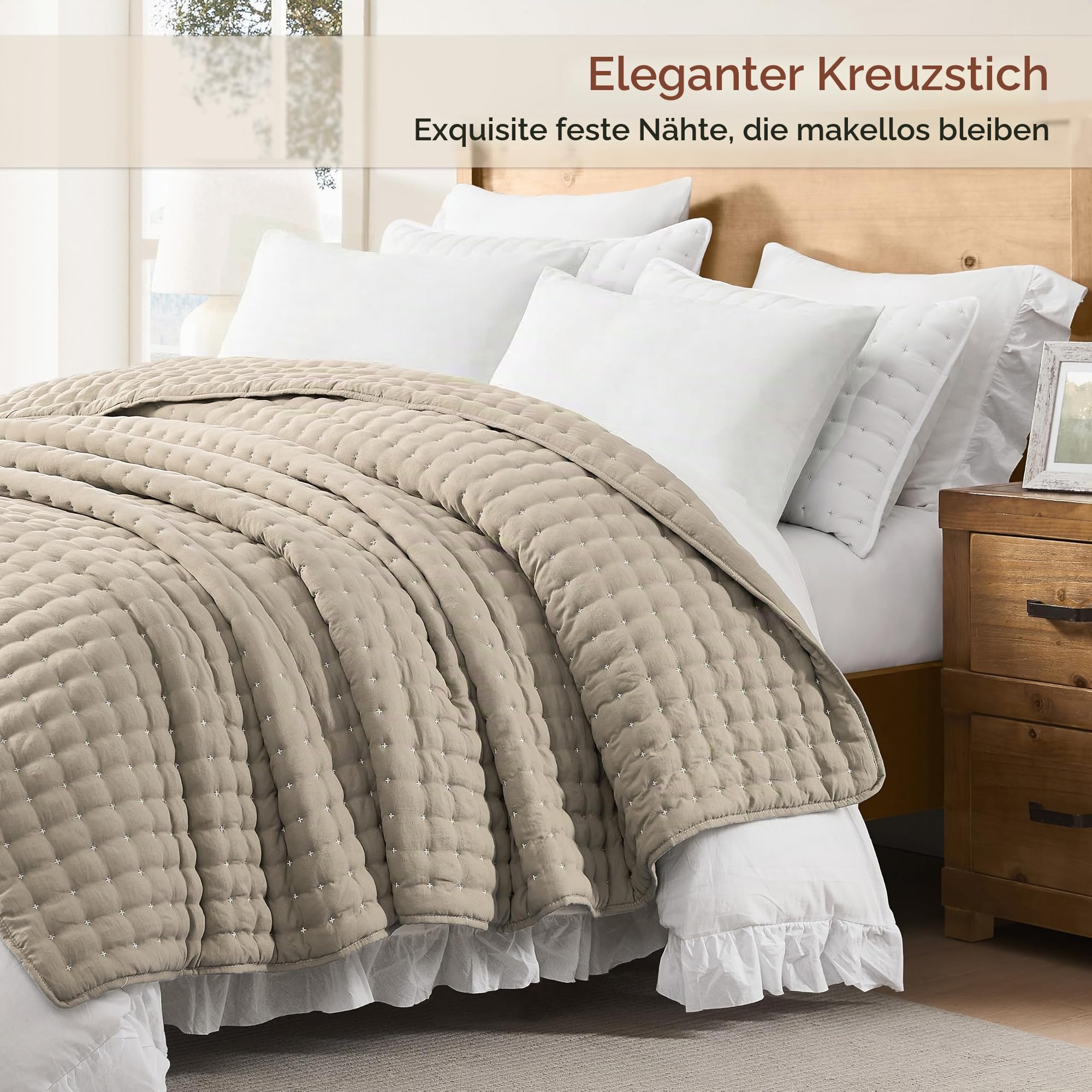 R.SHARE Tagesdecke 300x270cm Beige, Weich Wohndecke Bettüberwurf Steppdecke Sofaüberwurf Überwurfdecke für Bett Sofa Couch (ohne Kissenbezug), Kuscheldecke Oeko-TEX Frühling Sommer