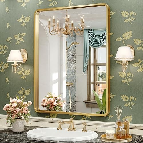 Brightify Espejo de baño dorado para pared, marco de metal rectangular de 20 x 28 pulgadas, espejo de tocador dorado para montaje en pared, vertical