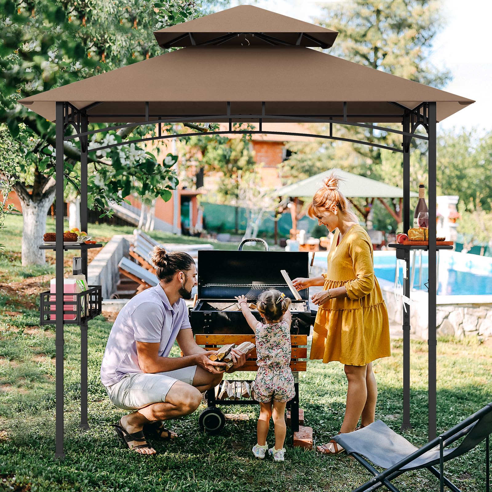 Tonnelle De Jardin Avec Auvent Latéral - Abri Pour Barbecue 318x153cm, 2 Étagères, Résistante Aux Intempéries