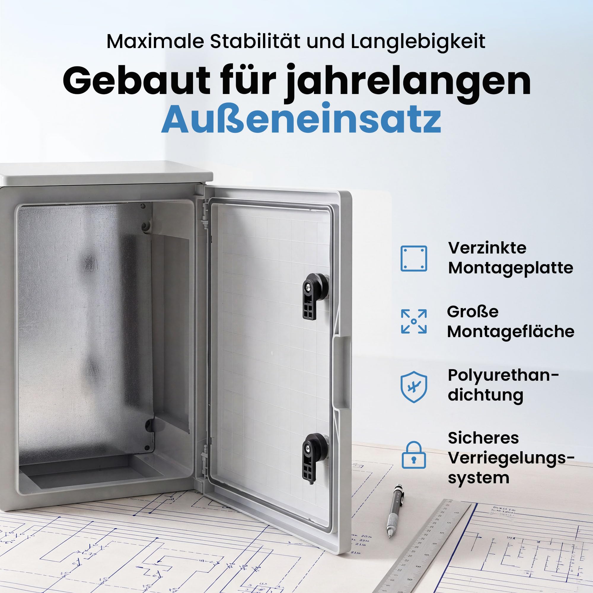 BOXEXPERT Verteilerkasten außen IP65 mit Regendach ABS Kunststoff 400x300x165mm Serie Fleet Roof wasserdicht Schaltschrank Stromkasten Schaltkasten Industriegehäuse grau