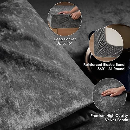 Miniatura 5 de PHF Sábana bajera de terciopelo Truly Velvet tamaño Queen, lujosa sábana inferior de forro polar supersuave y acogedora con bolsillo profundo de