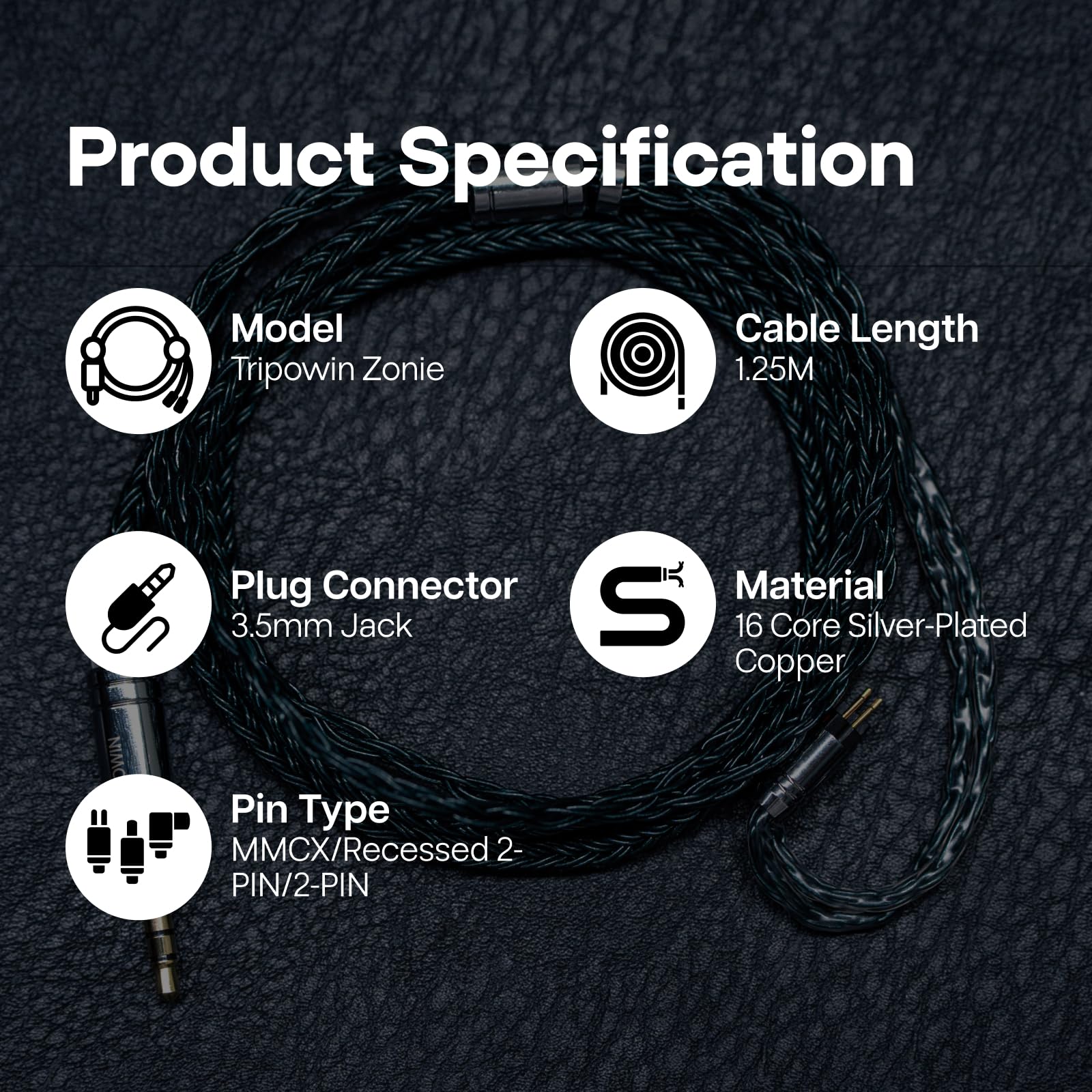 Tripowin Zonie - Cable IEM SPC de 3,5 mm, cable de auriculares de alta fidelidad chapado en plata de 16 núcleos, cables de auriculares para monitor de 1,25 metros para audiófilos