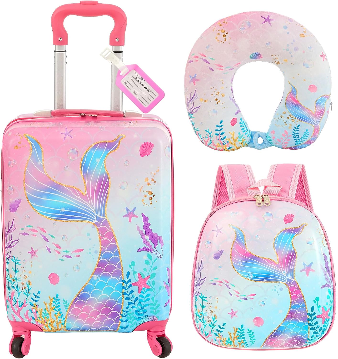 Sanwuta 4 Pcs Kids Luggage Set Kids Backpack Travel Rolling Suitcase with Wheels U-shape Pillow Christmas Gift for Girls Boys(17 Inch,Mermaid’s Tail Style,Blue Purple)