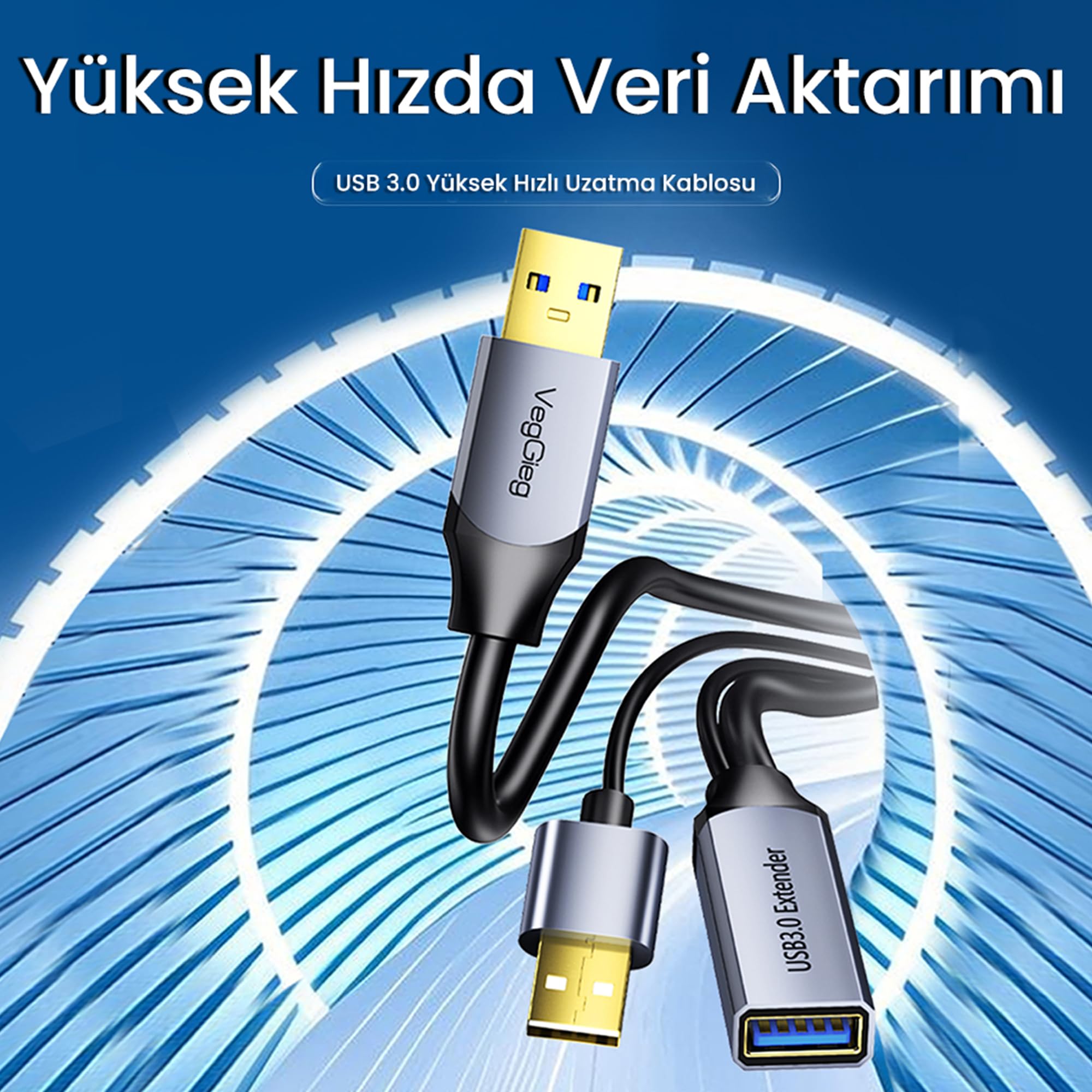 Veggieg USB 3.0 Uzatma Kablosu Sinyal Güçlendirici Extender Destekli USB-A Uzatıcı Kablo 10 Metre