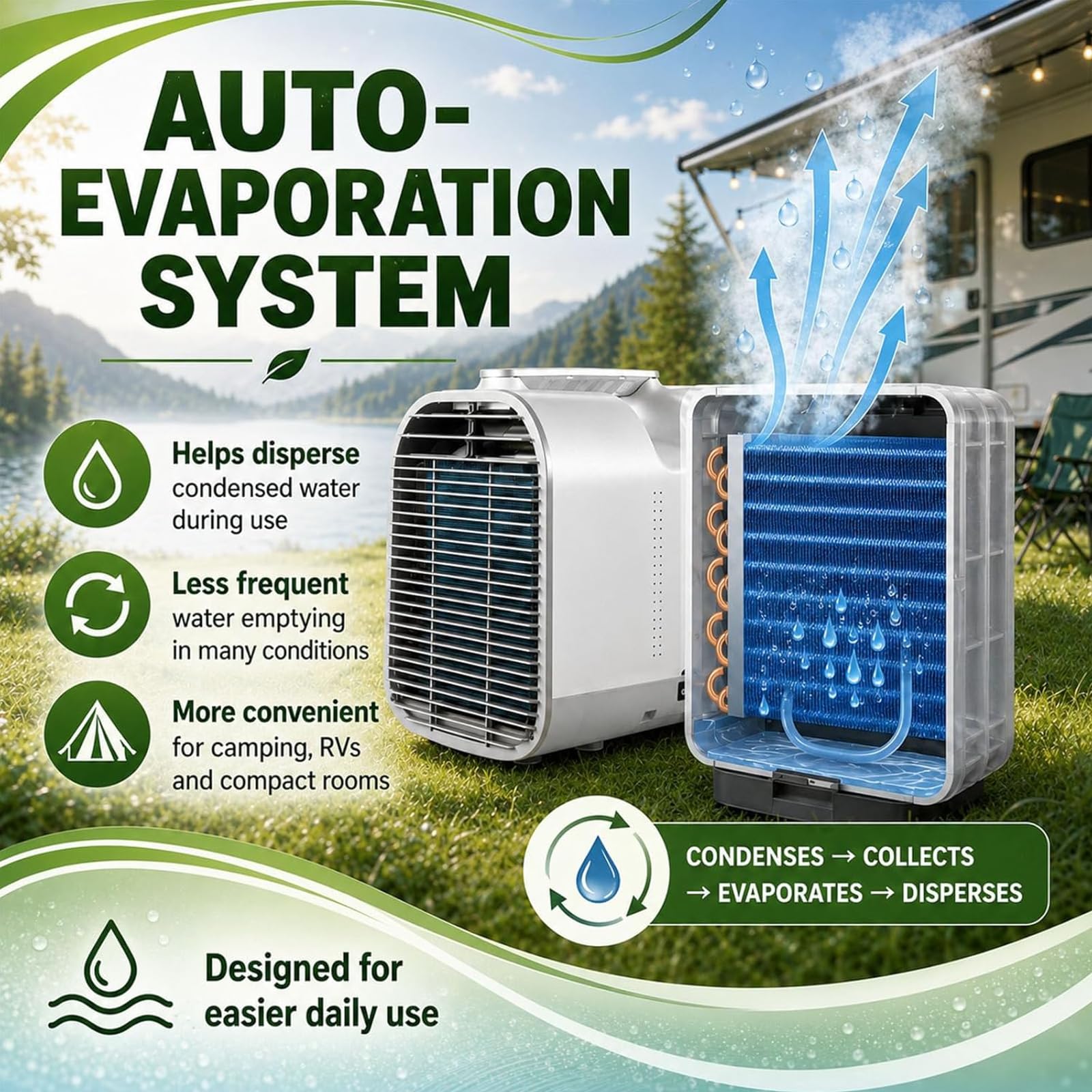 Condizionatore senza unità esterna – Compatto per camera e garage 1500W | Capacità 1300/1500W, 16–32°C, timer 1–12h, evaporazione auto, compatto 500×275×305mm, per piccoli spazi