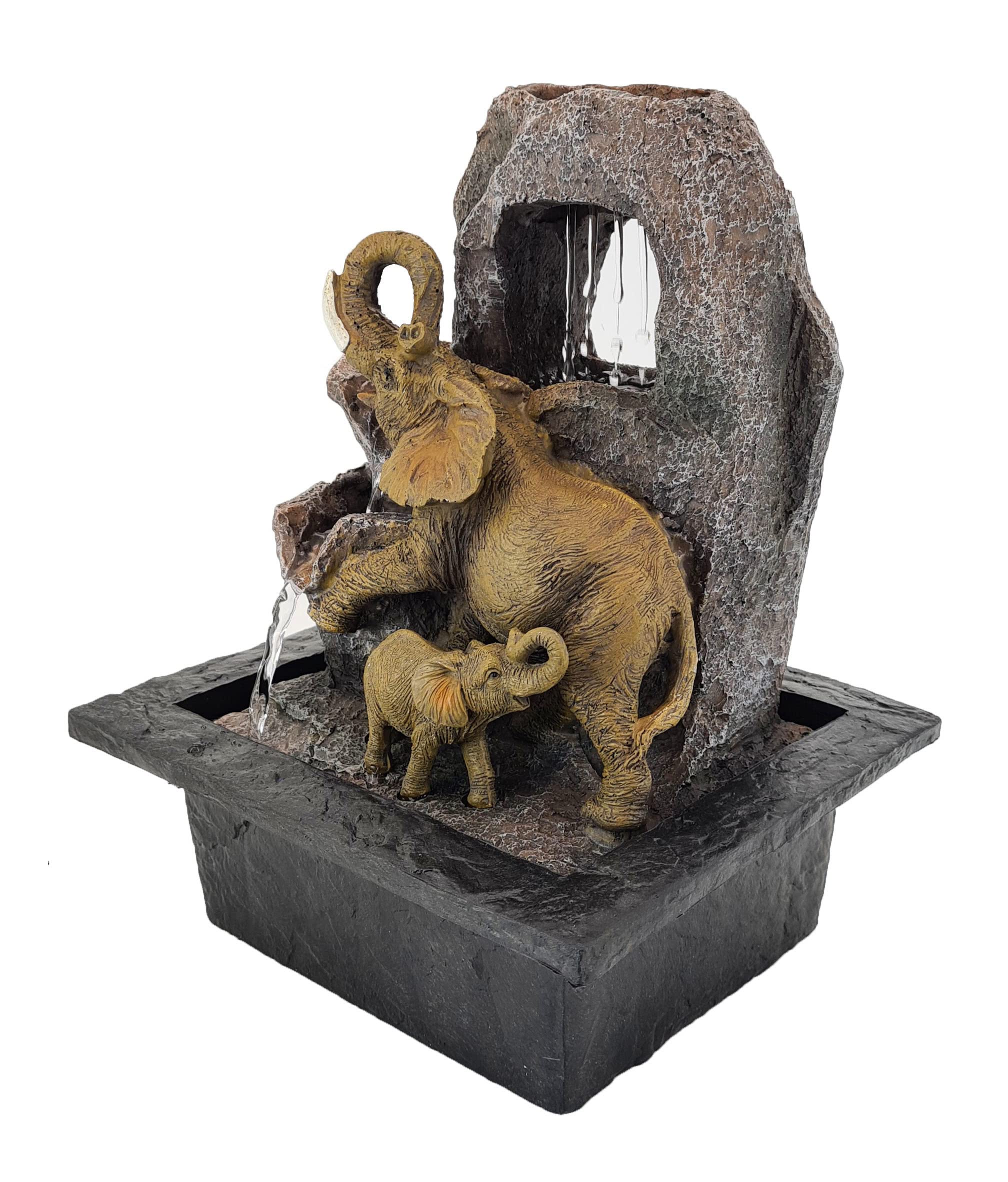 ABC Home | Zimmerbrunnen Elefanten mit LED-Beleuchtung – 27 cm Hoch – Feng Shui Wasserfall Glücksbringer – Dekorativer Tischbrunnen aus Polyresin