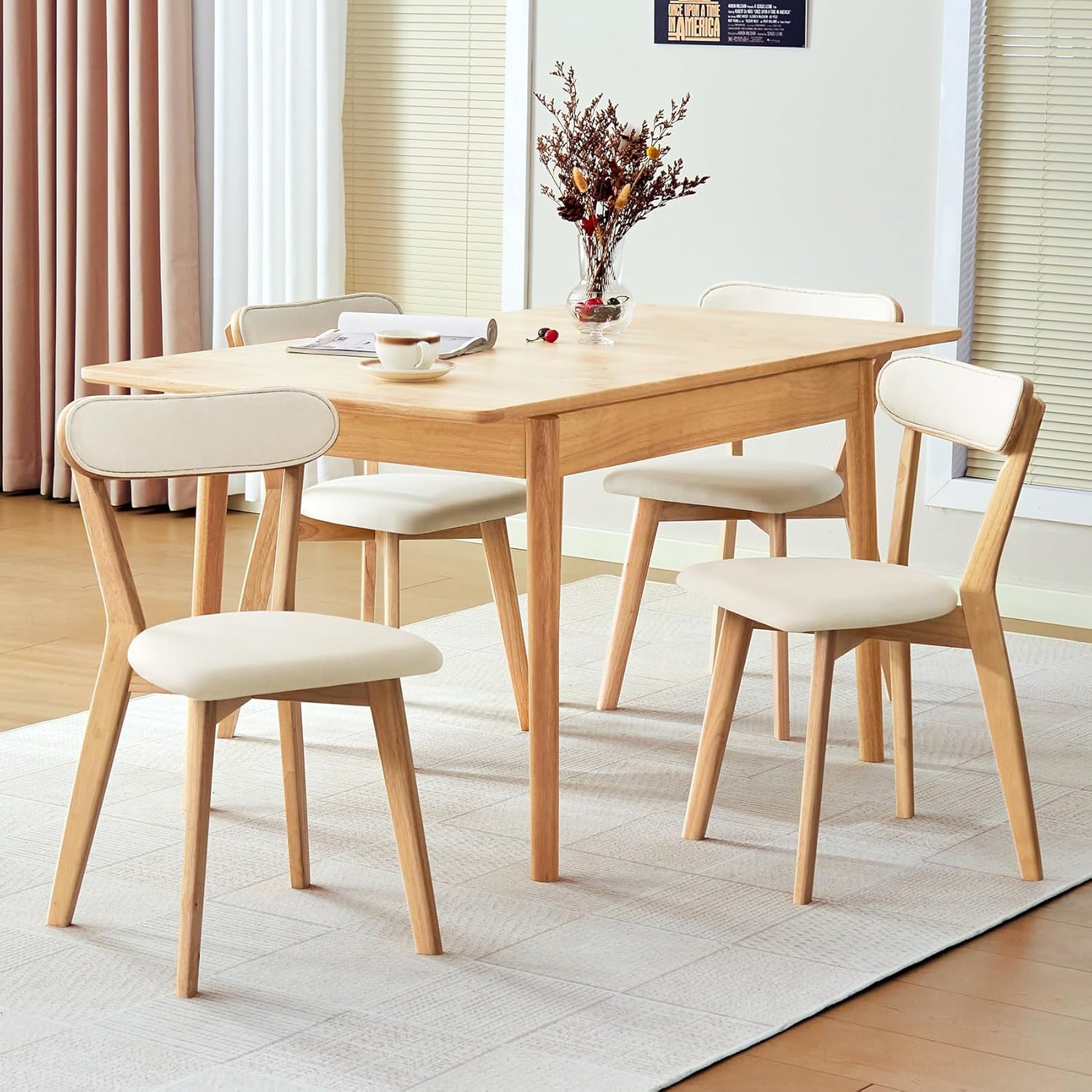 Wooden Dining Chairs Set of 4, Solid Wood & Modern Linen Fabric Upholstered Chairs, Farmhouse Dining Room Kitchen Chair, Beige