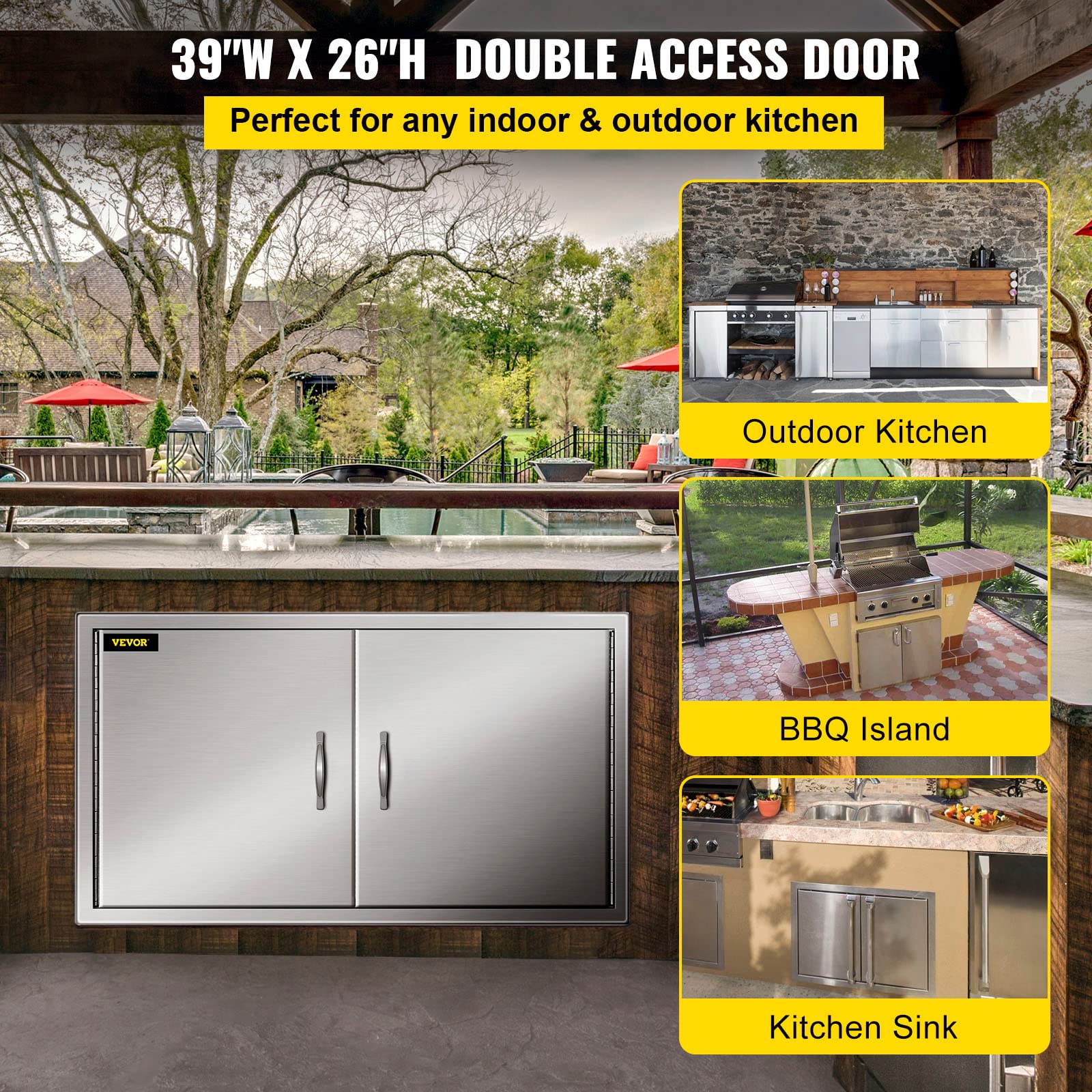 VEVOR Porte da Cucina da Esterno da 39 x 26 Pollici, BBQ Island Door con 2 Porte, Porta in Acciaio Inox Doppia, Le Porte della Cucina per Barbecue alle Condizioni Meteorologiche