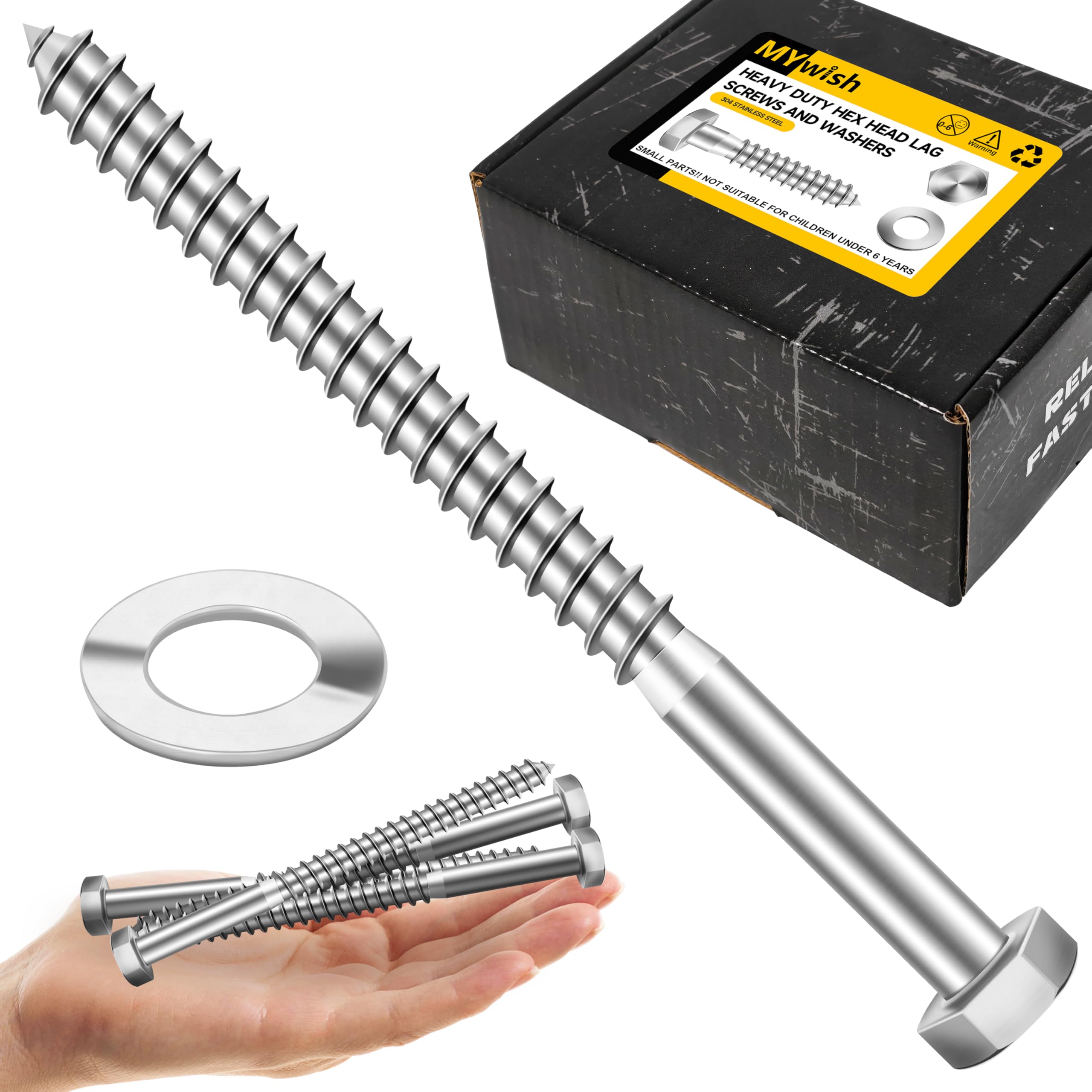 Mywish (50Sets) 3/8" x 5" Lag Bolts, 304 Stainless Steel 3/8 inch Lag Screws Bolts for Wood, Heavy Duty Hex Head with Flat Washers Bolt Kit, Bright