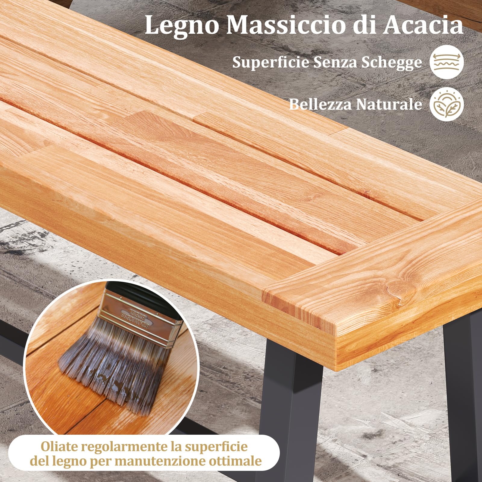 COSTWAY Set di 2 Panchine da Giardino in Legno di Acacia a 3 Posti, Panca da Esterno Senza Schienale con Gambe in Metallo, Panca Capacità di 360 kg per Ingresso, Cortile e Balcone, 160 x 32 x 45 cm