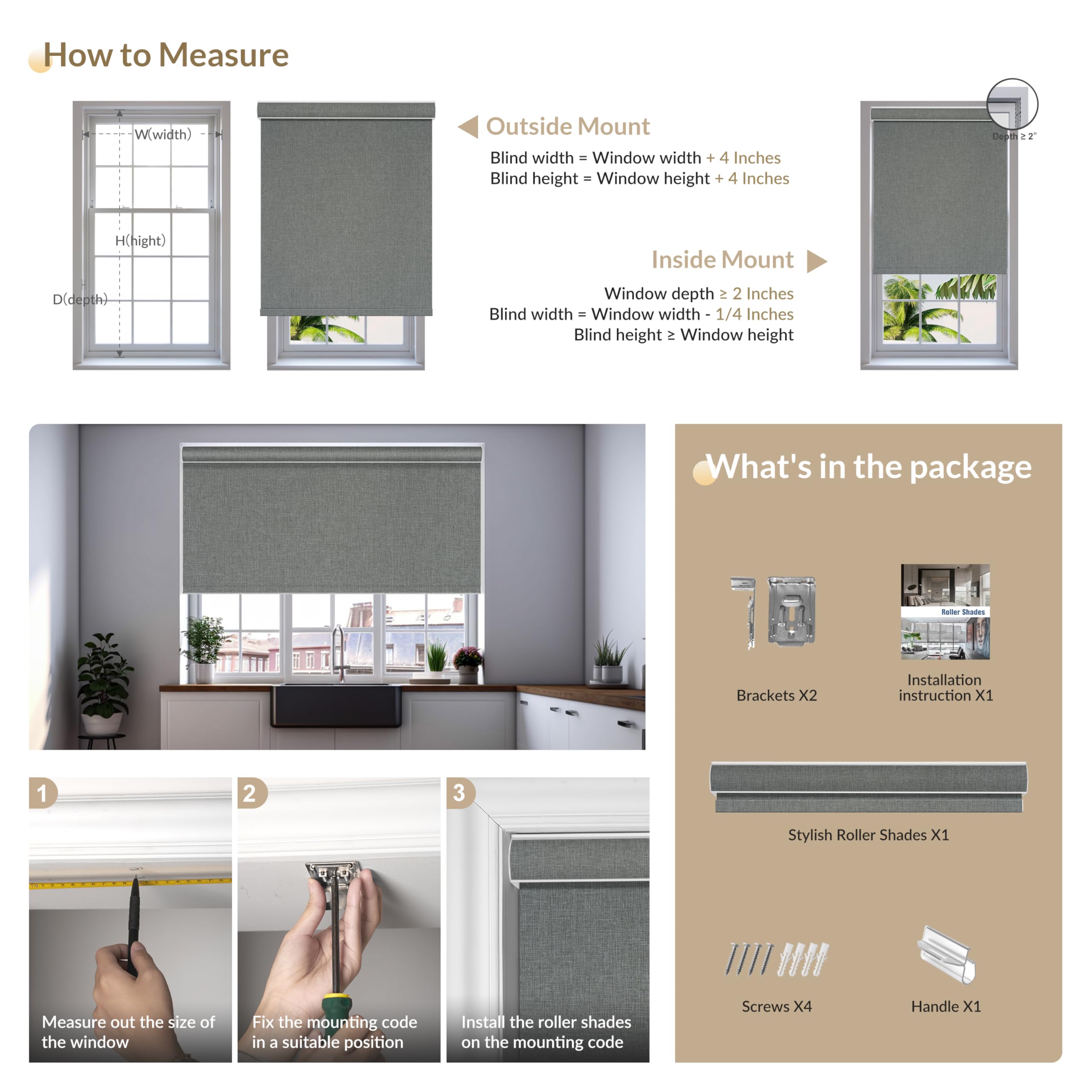 Blackout Roller Shades for Windows,Cordless,Pull Down Roller Blinds,Thermal Insulated Linen Fabric UV Protection,Window Shades Blinds for Home,Door,Easy to Install,Blackout-Grey,Customize Now