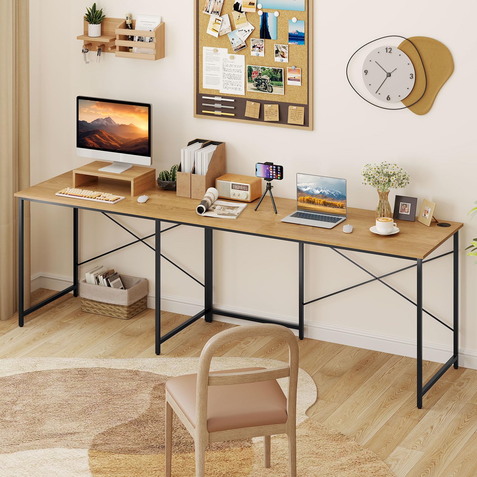COSTWAY Escritorio de Ordenador en Forma de L, 3 Orificios para Cables, Estante Extra, 2 Formas, Mesa de Trabajo de 2 Personas，Mesa Escritorio Esquina Gaming, 240x60x74,5cm (Natural)