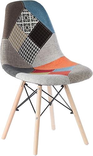 Silla de comedor moderna de mediados de siglo tapizada de plástico multicolor Patchwork DSW Shell con patas Eiffel de clavija de madera