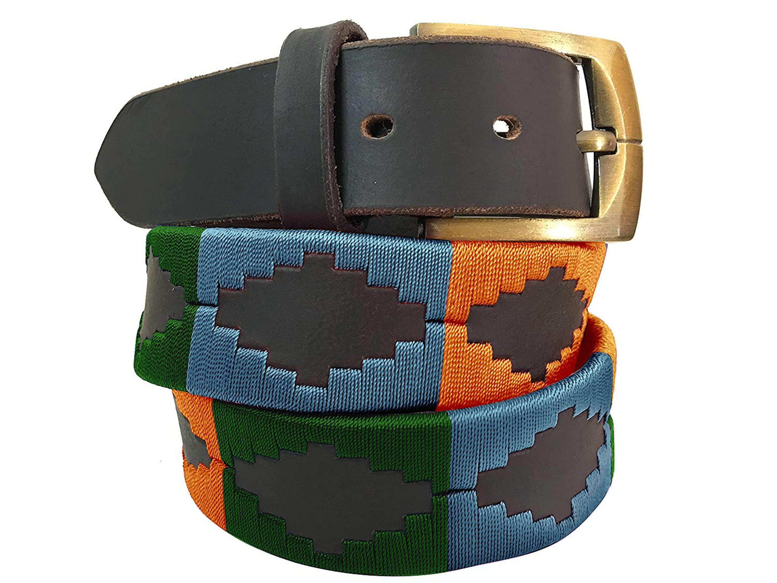 CARLOS DIAZ Mens Womens Premium Unisex Brown Leather Embroidered Designer Polo Belt (120 cm/ 46-48 Inches)