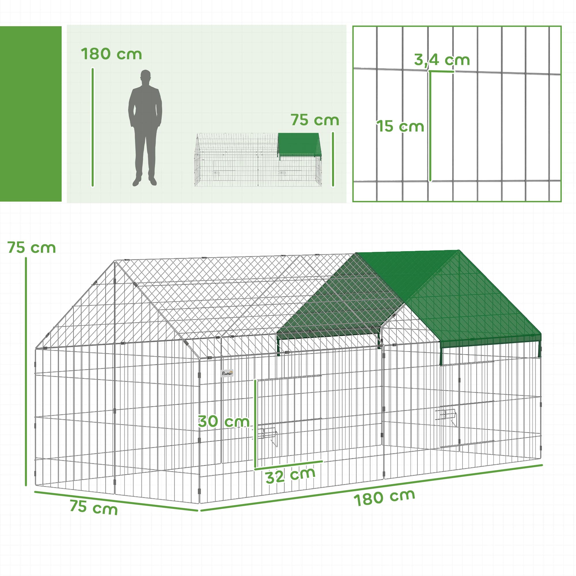 PawHut Parc Enclos Cage Lapin Extérieur, Structure Acier avec 2 Portes Verrouillables et Protection Pare-Soleil Toit Incliné, pour Lapins Poulets Canards Petits Animaux, 180x75x75 cm, Vert