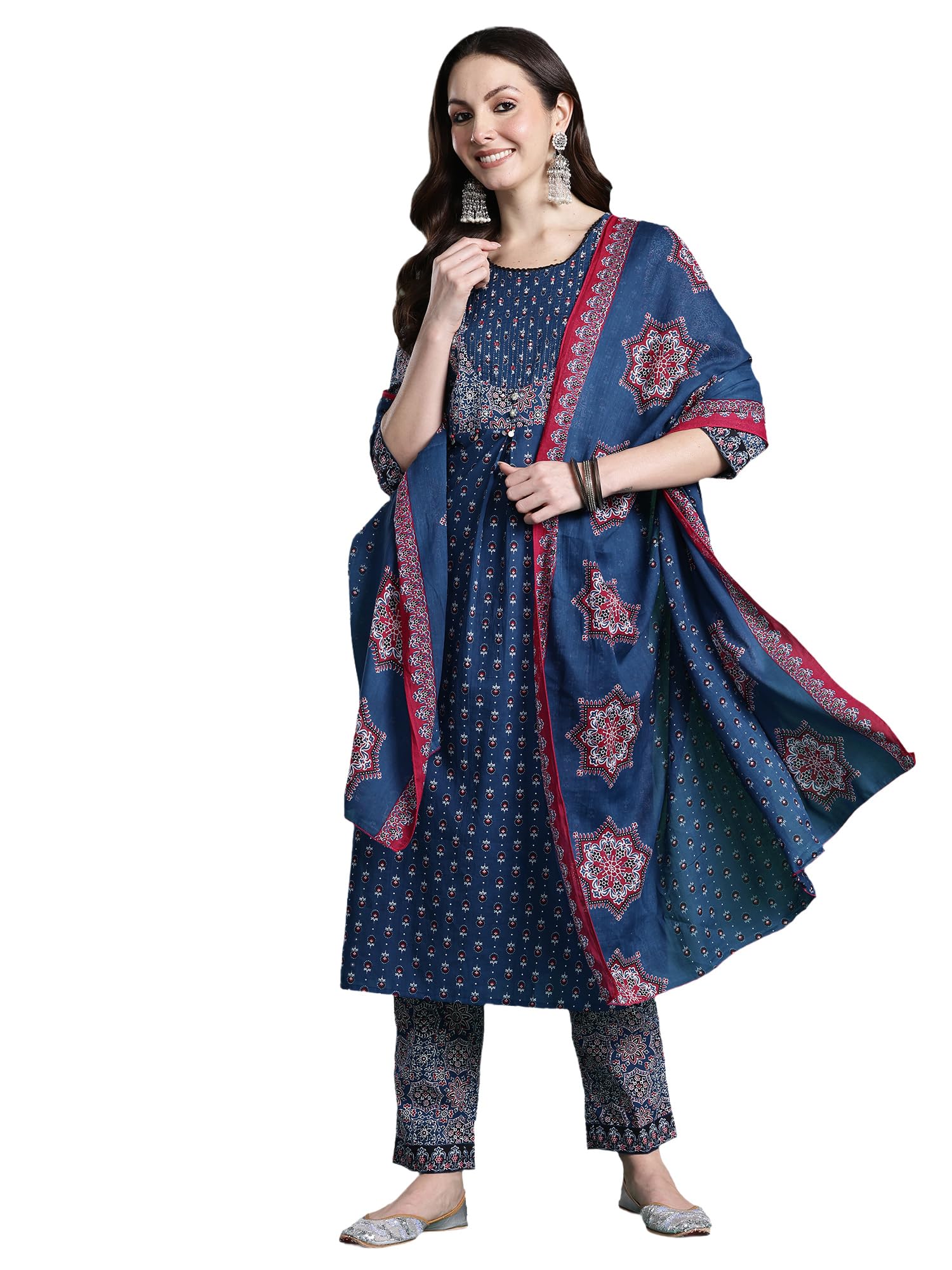 indo era Women's Straight Pure Cotton Ethnic Motifs Printed Kurta & Pant with Dupatta Set (KH0BL10918)-picture-12