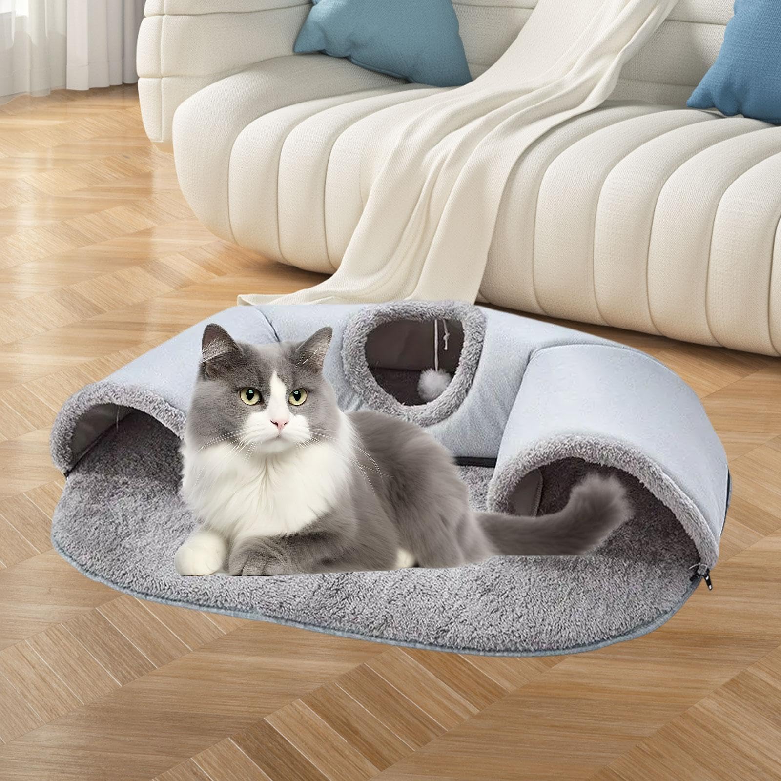 Tunnel pour Chat, Jouet Tubulaire, Lit pour Chat, Tapis Tunnel, Maisonnette pour Chat en Flanelle et Coton PP, Convient Aux Chats, Chatons et Petits A, 85cmx70cm