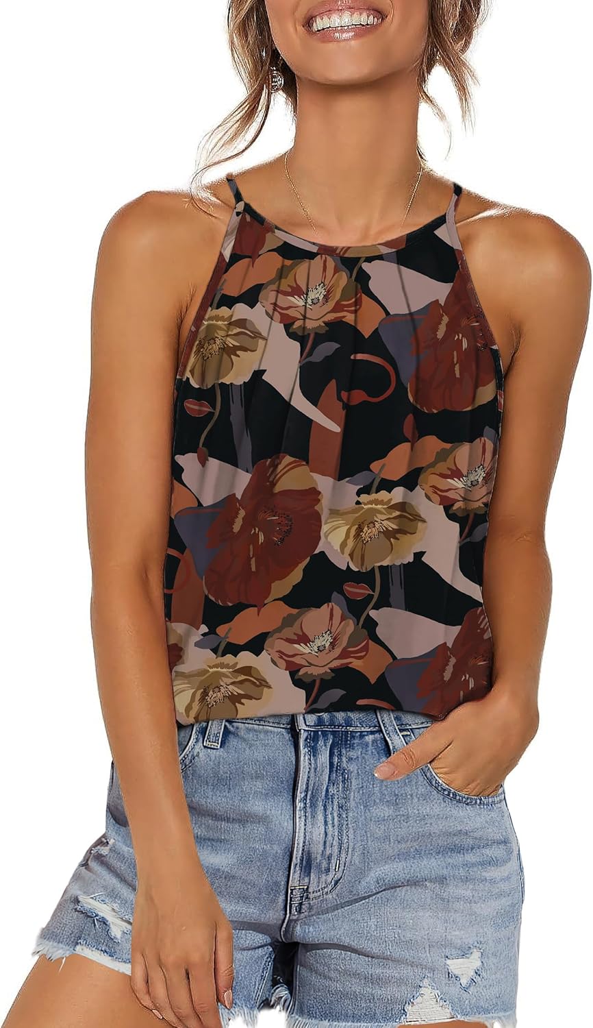 WIHOLL Womens Pleated Tank Tops Spaghetti Strap Camisole Halter Tops Curved Hem Fashion 2025