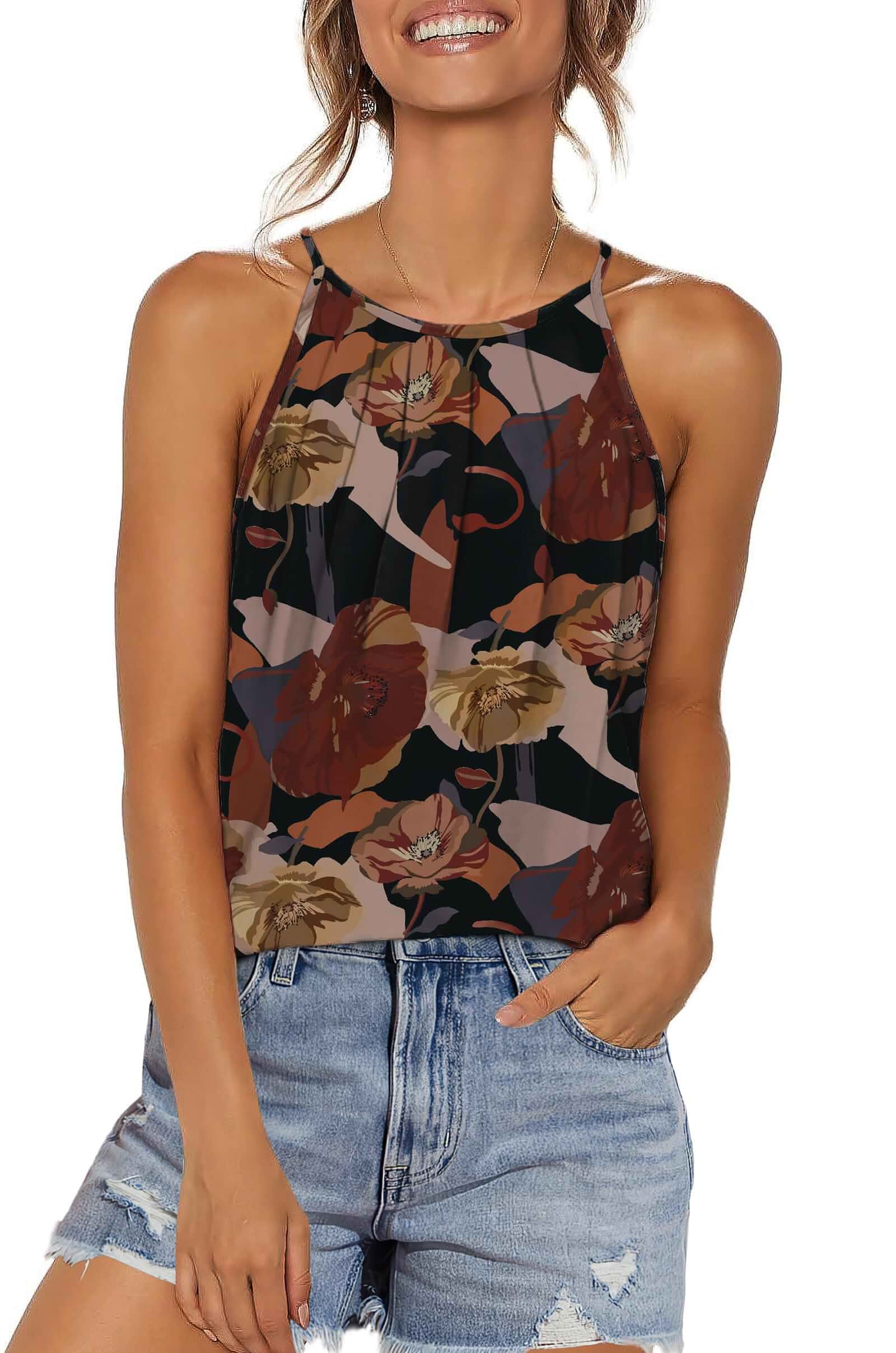 WlHOLL Womens Pleated Tank Tops Spaghetti Strap Camisole Halter Tops Curved Hem Fashion 2026Sleeveless · Floral