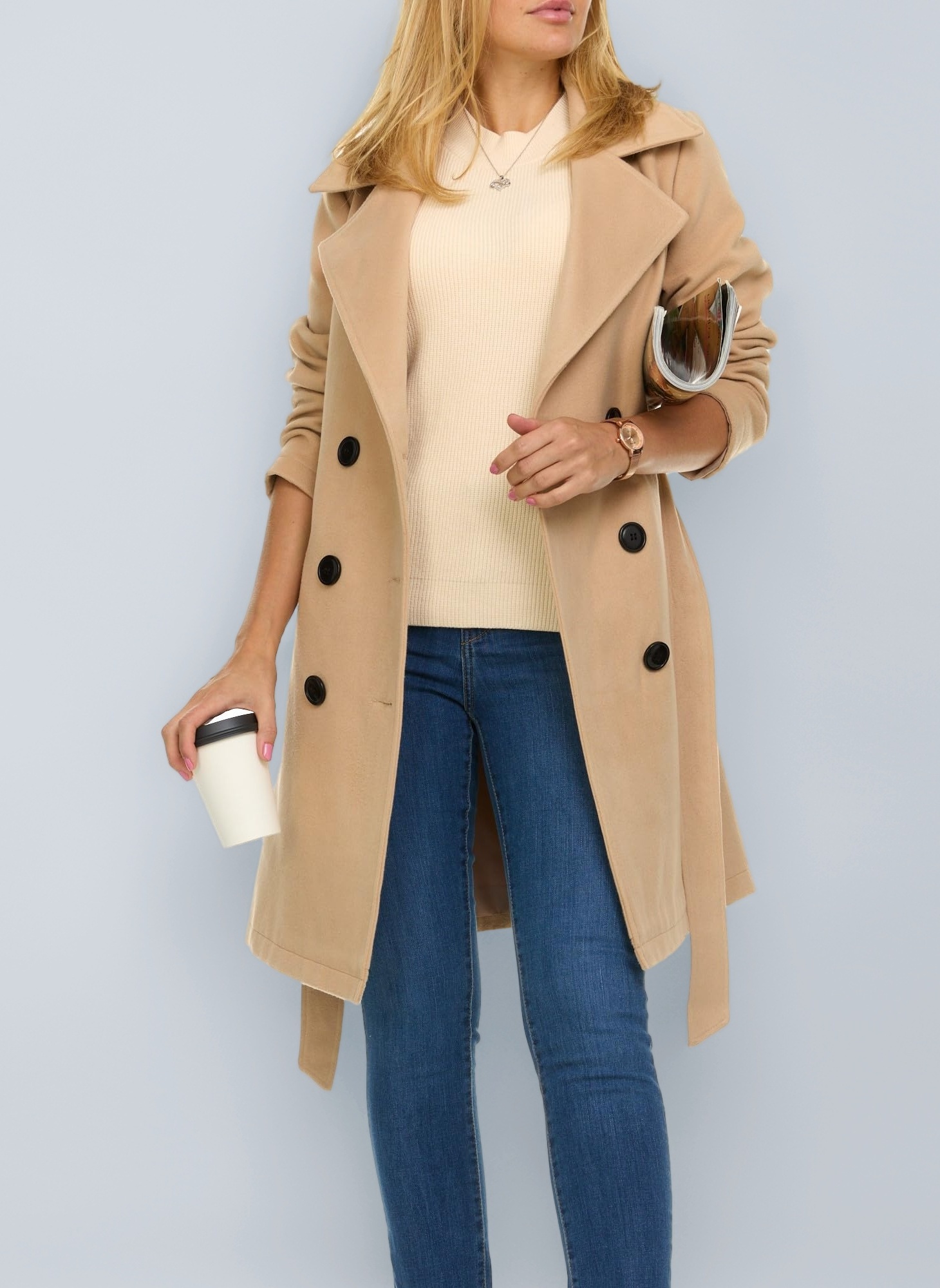 Steve Madden Trench Coat for Women – Double-Breasted Long Winter Faux Wool Coat