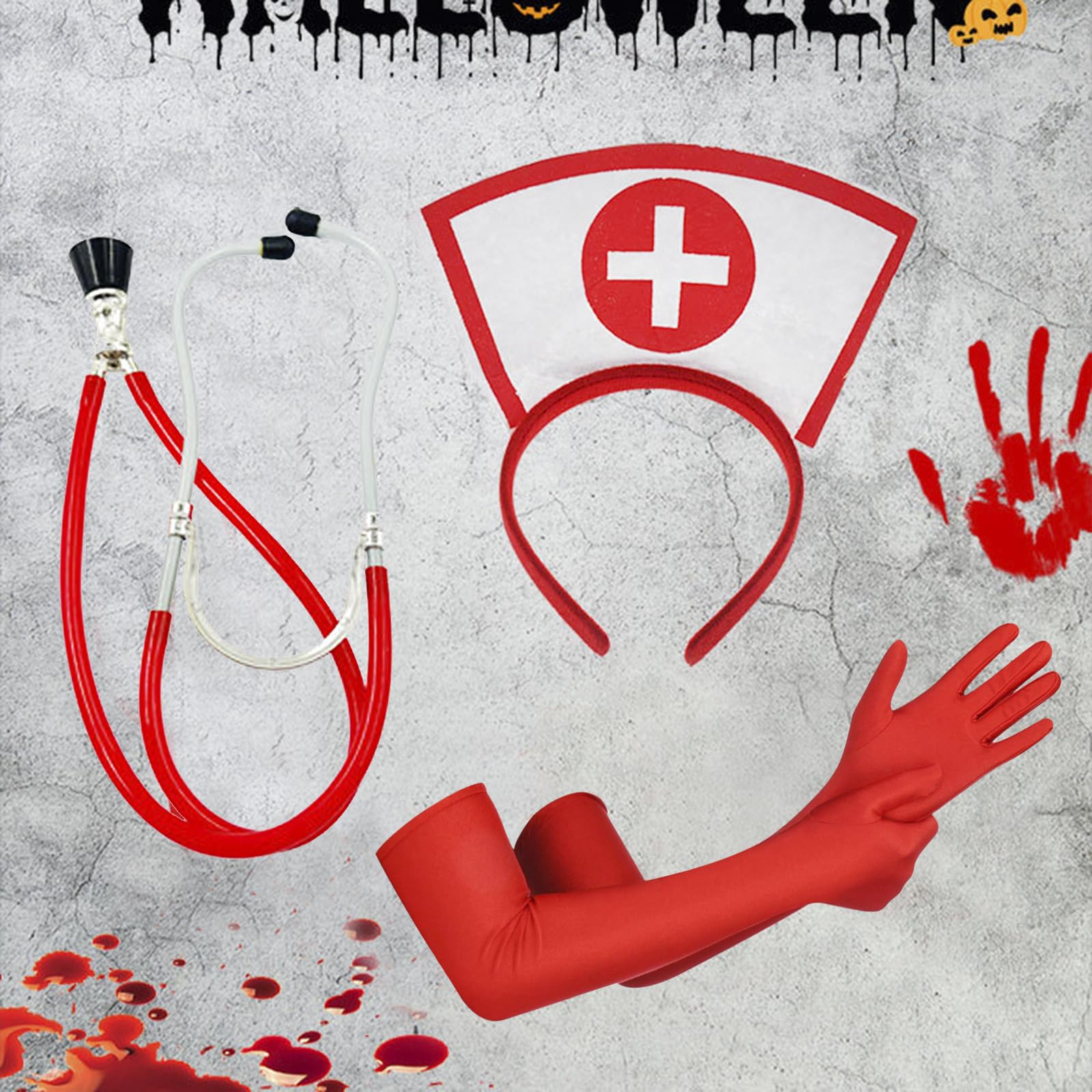 TINAYAUE Halloween Nurse Costume Accessories Ladies Nurse Headband Stethoscope Red/White Long Gloves Set for Women Fancy Dress Decor Hospital Themed Party Cosplay Nurse Dressing Up Props - Image 2