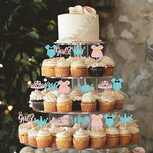Miniatura 4 de 24 piezas de adornos para cupcakes para niños o niñas, corona de princesa con purpurina rosa o azul, vestido de princesa para baby shower,
