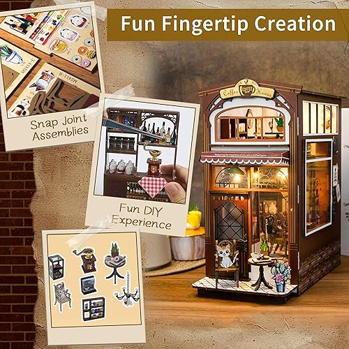 Miniatura 7 de Kisoy Kit de bricolaje en miniatura para rincón de libros, soporte manual de libros para decoración de estantería, rompecabezas de madera 3D, kit en