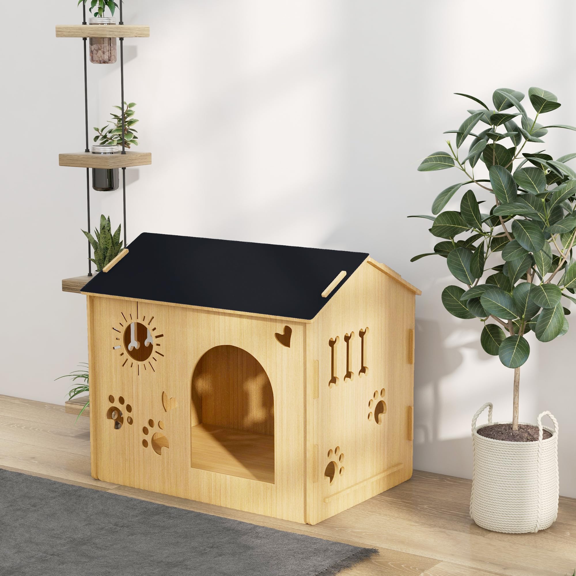PawHut Cuccia per Cani da Interno, Casetta per Cani e Gatti con Struttura in Legno e Aperture a Forma di Zampa, Cuore e Ossa, Cuccetta per Soggiorno e Salotto, Rovere