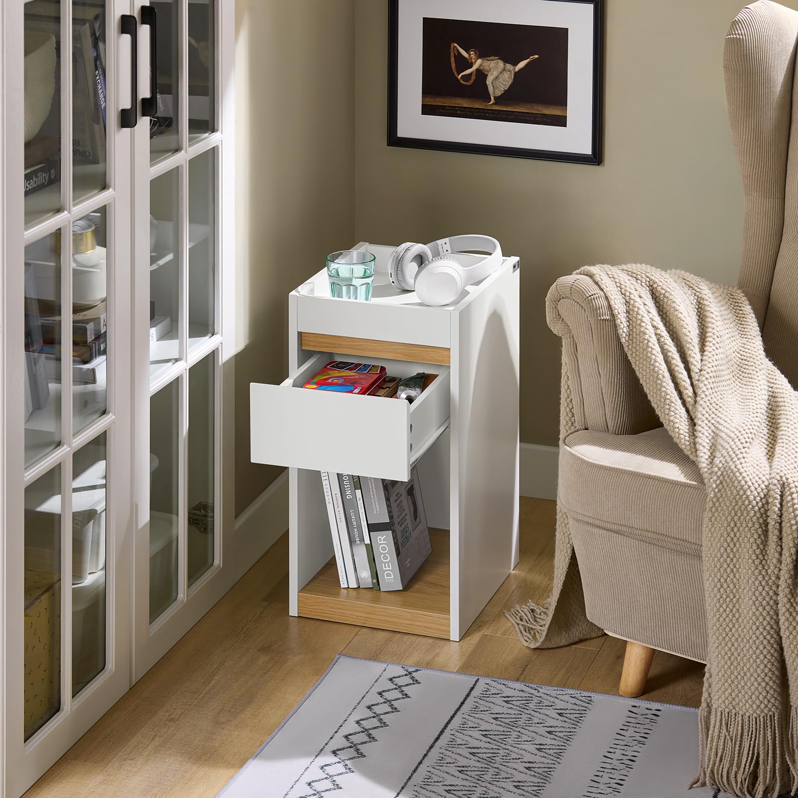 SoBuy stolik nocny Boxspring Sofa stolik nocny szafka nocna stolik pomocniczy wąski stolik pod telefon szafka nocna, kolor biały, wym. ok. 30x55x35 cm FBT137-W