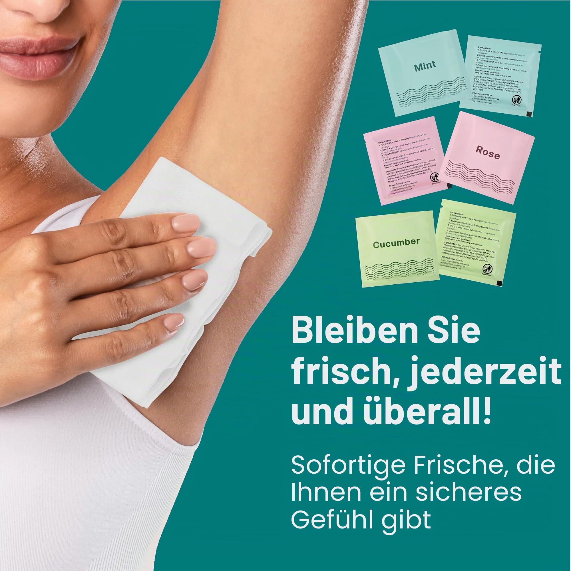 Dew Well Refresh Deodorant Wipes – Ein frischer Start für unterwegs – Frei von Aluminium, Parabenen und Sulfaten – Sortenpackung (Minze, Rose und Gurke) – 50 einzeln verpackte Tücher