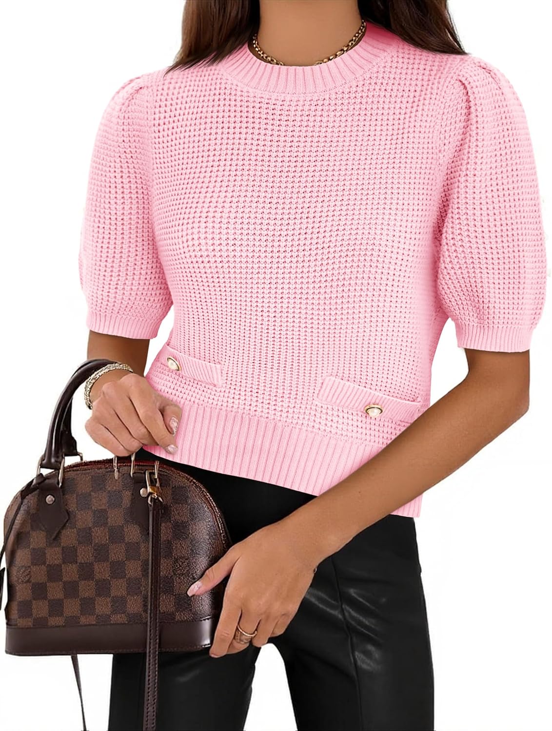 Cicy Bell Womens Puff Short Sleeve Sweaters Tops Cropped Ribbed Knit Lightweight Pullover Casual Loose Fit Crewneck Sweater