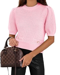 Cicy Bell Womens Puff Short Sleeve Sweaters Tops Cropped Ribbed Knit Lightweight Pullover Casual Loose Fit Crewneck Sweater